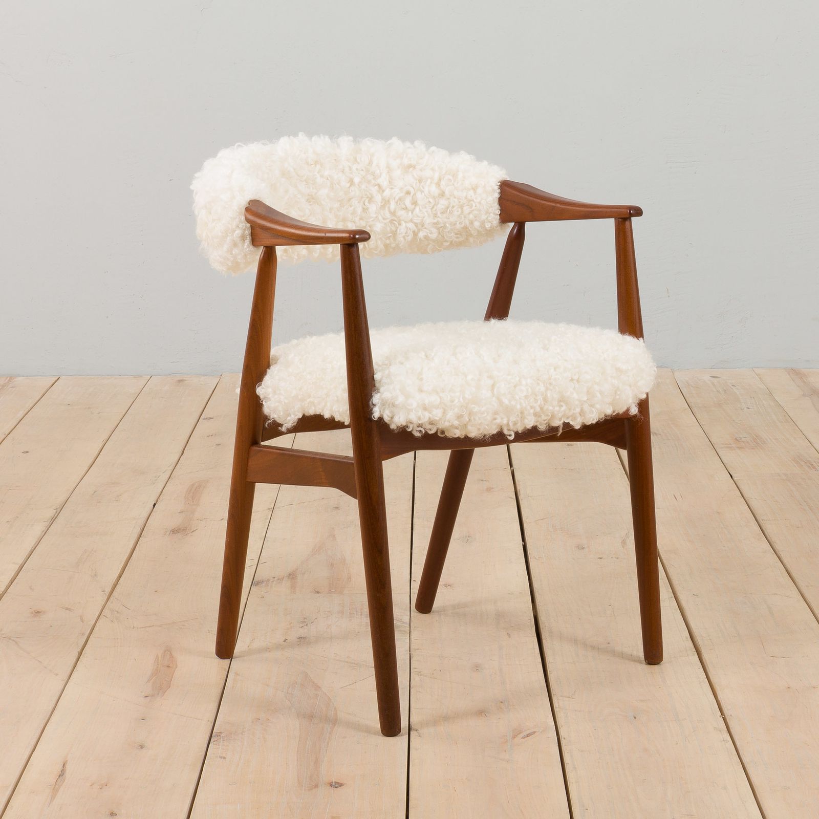 Th. Herlev, Farstrup Solid Teak Chair In Natural Sheepskin Upholstery, Denmark 1960s. photo for sale