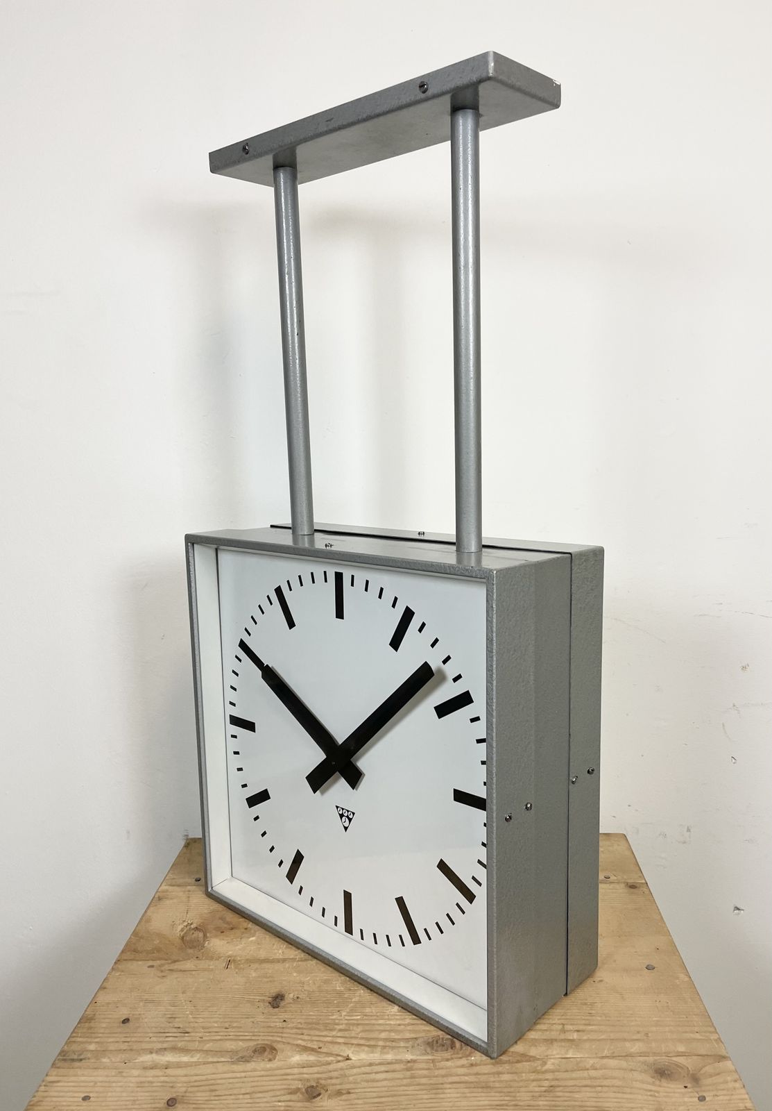 Large Square Industrial Double Sided Factory Clock From Pragotron, 1960s photo vinterior