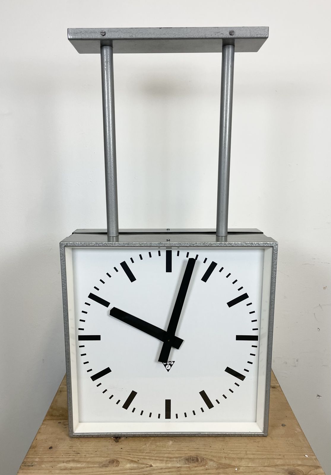photo vinterior Large Square Industrial Double Sided Factory Clock From Pragotron, 1960s