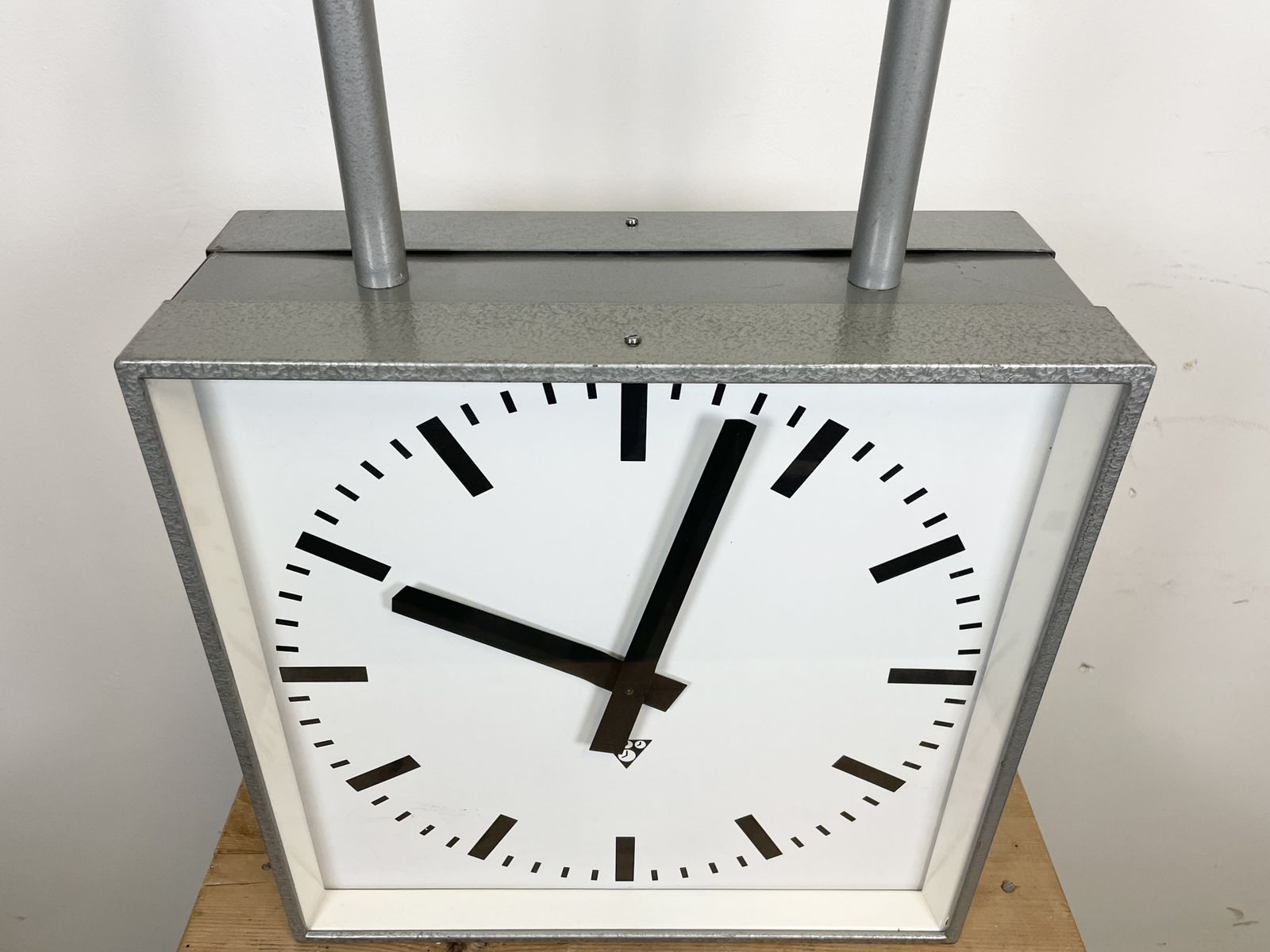 photo buy Large Square Industrial Double Sided Factory Clock From Pragotron, 1960s