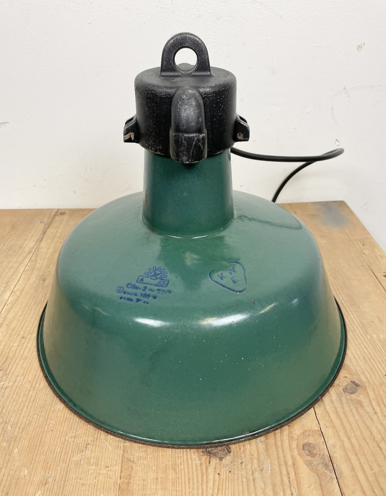 Lighting Industrial Green Enamel Factory Lamp With Cast Iron Top, 1960s, 6x photo