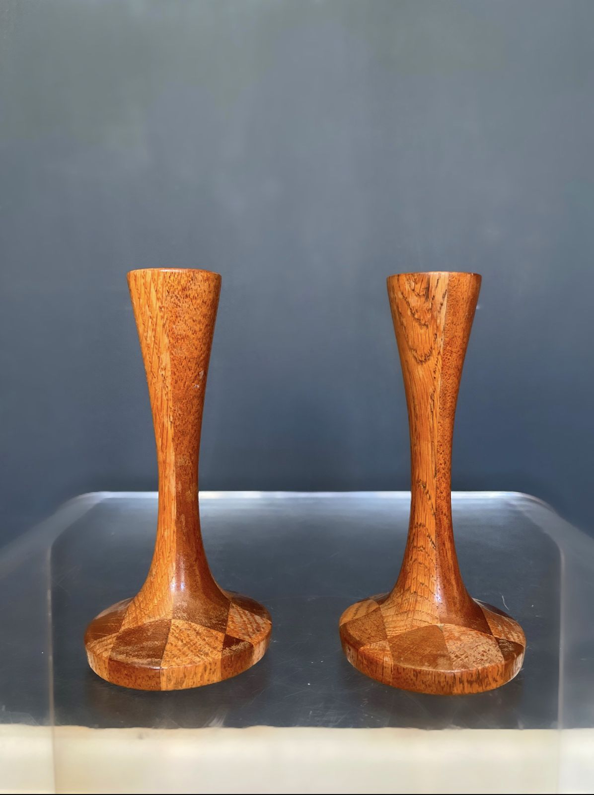 Teak And Rosewood Turned Wood Candlesticks By Maurice Bonami