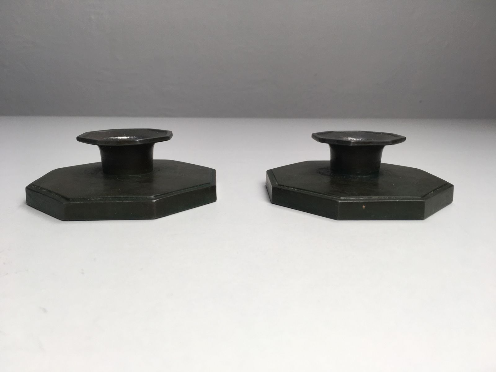 Set Of Two Danish Just Andersen Disco Metal Candle Holders 1940's photo for sale