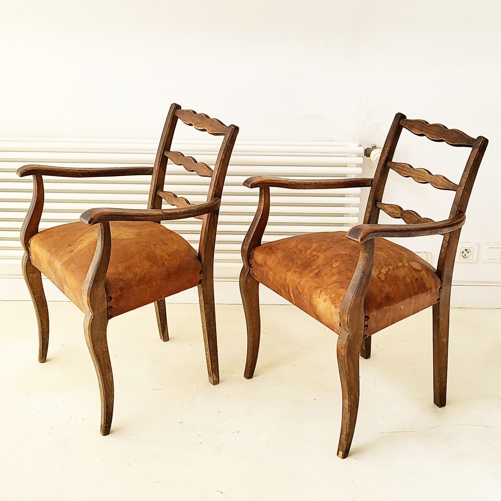 Superb Pair Of Old Vintage Armchairs 1940 1950 In Leather & Oak 40s 50s photo furniture