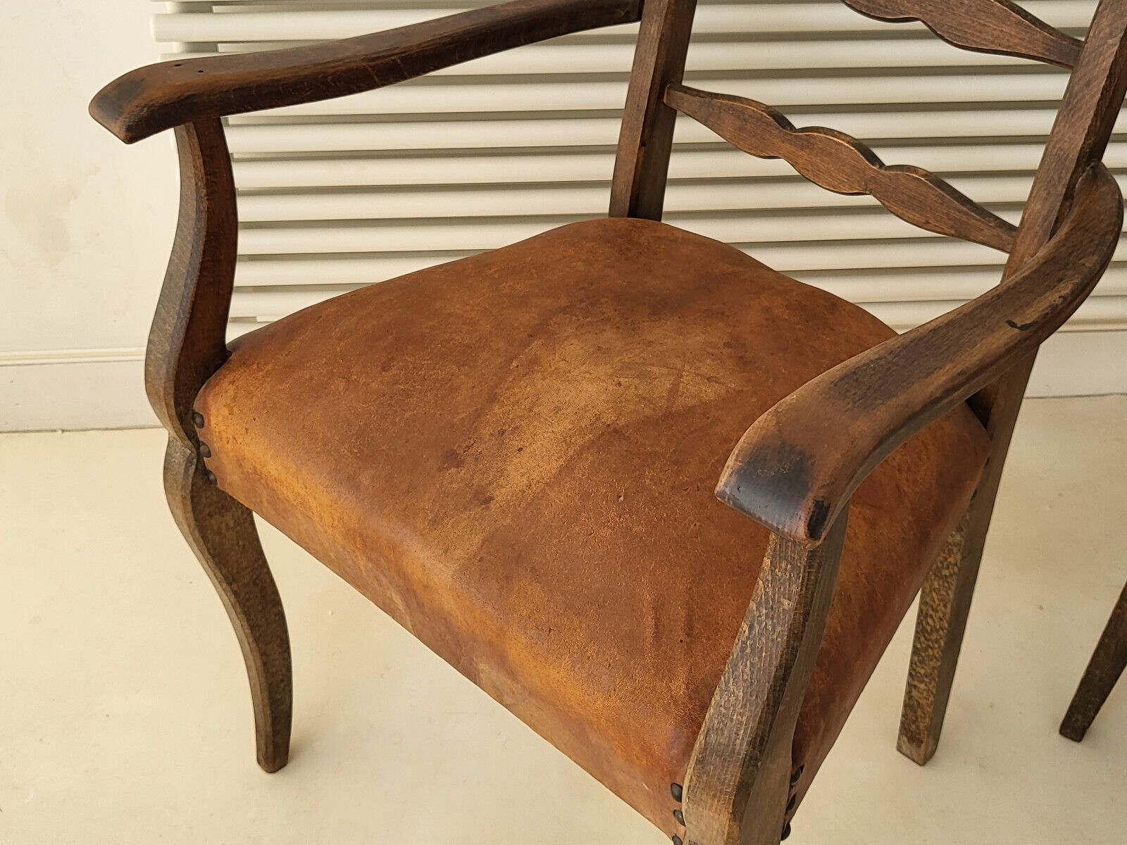 Superb Pair Of Old Vintage Armchairs 1940 1950 In Leather & Oak 40s 50s photo vinterior