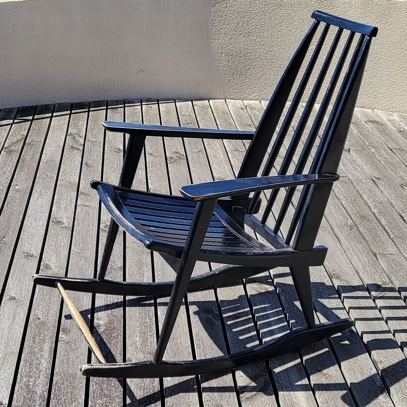 Superb Rocking Chair Armchair 1960 Vintage In Black Lacquered Wood 60s 1960s photo furniture