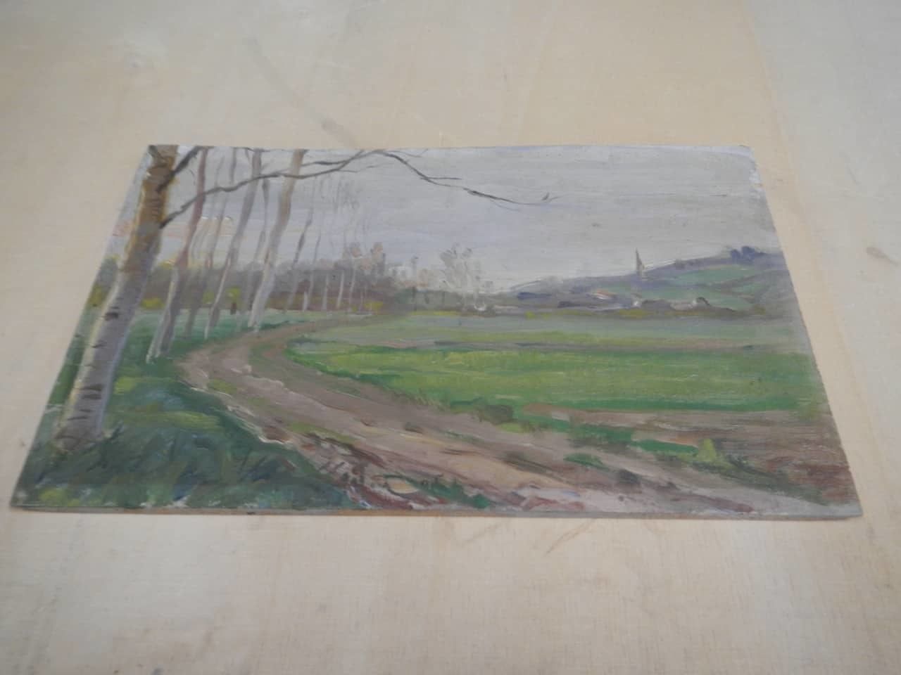 Painting Oil By Des Champs "Bell Tower" photo vintage