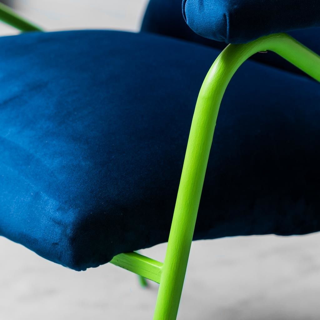 Modern Vintage 60s Blue Green Metal Velvet Armchair photo buy