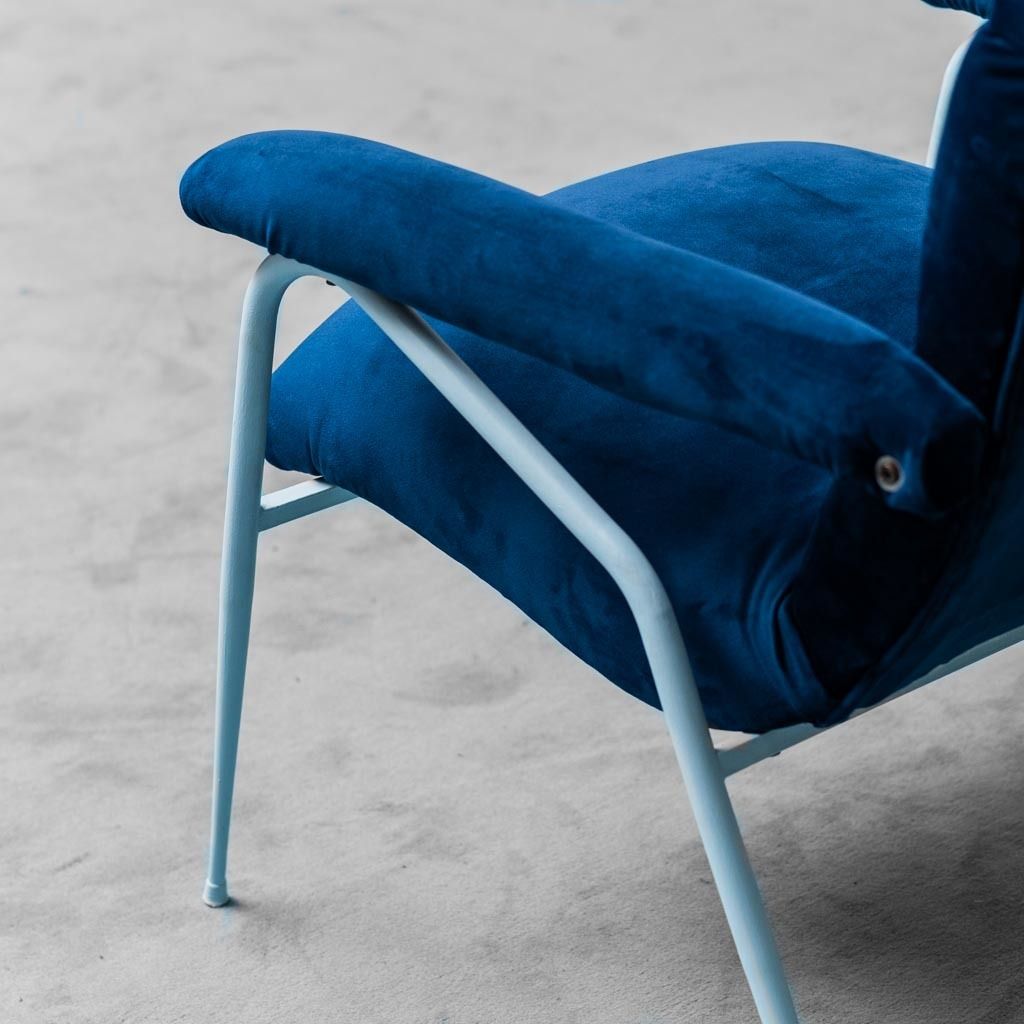 Vintage Modern 1960s Blue Metal Blue Velvet Armchair photo furniture