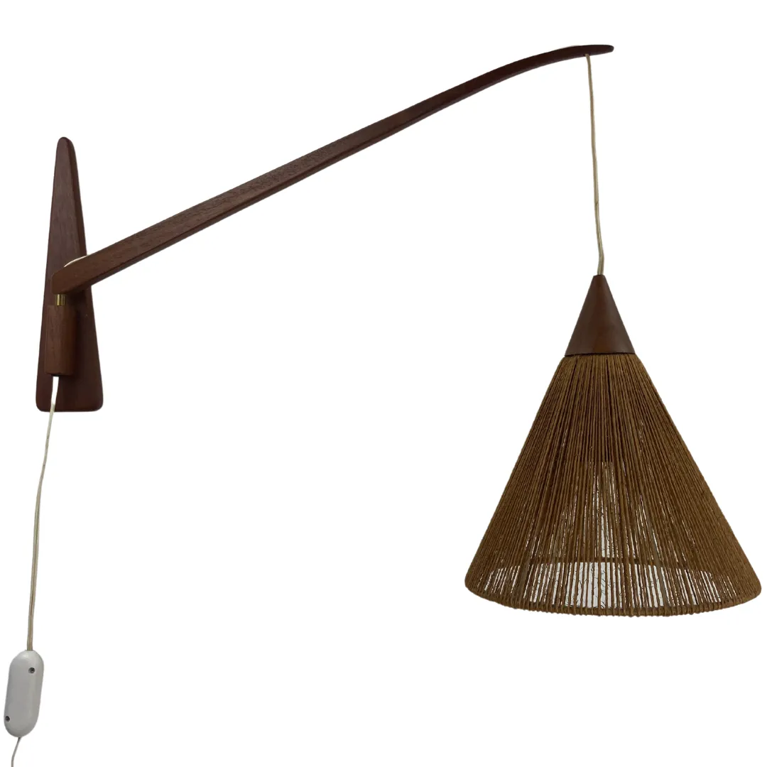 photo buy Pair Of Teak Sisal And Brass Arc Swing Wall Lamps By Temde, Switzerland 1960s
