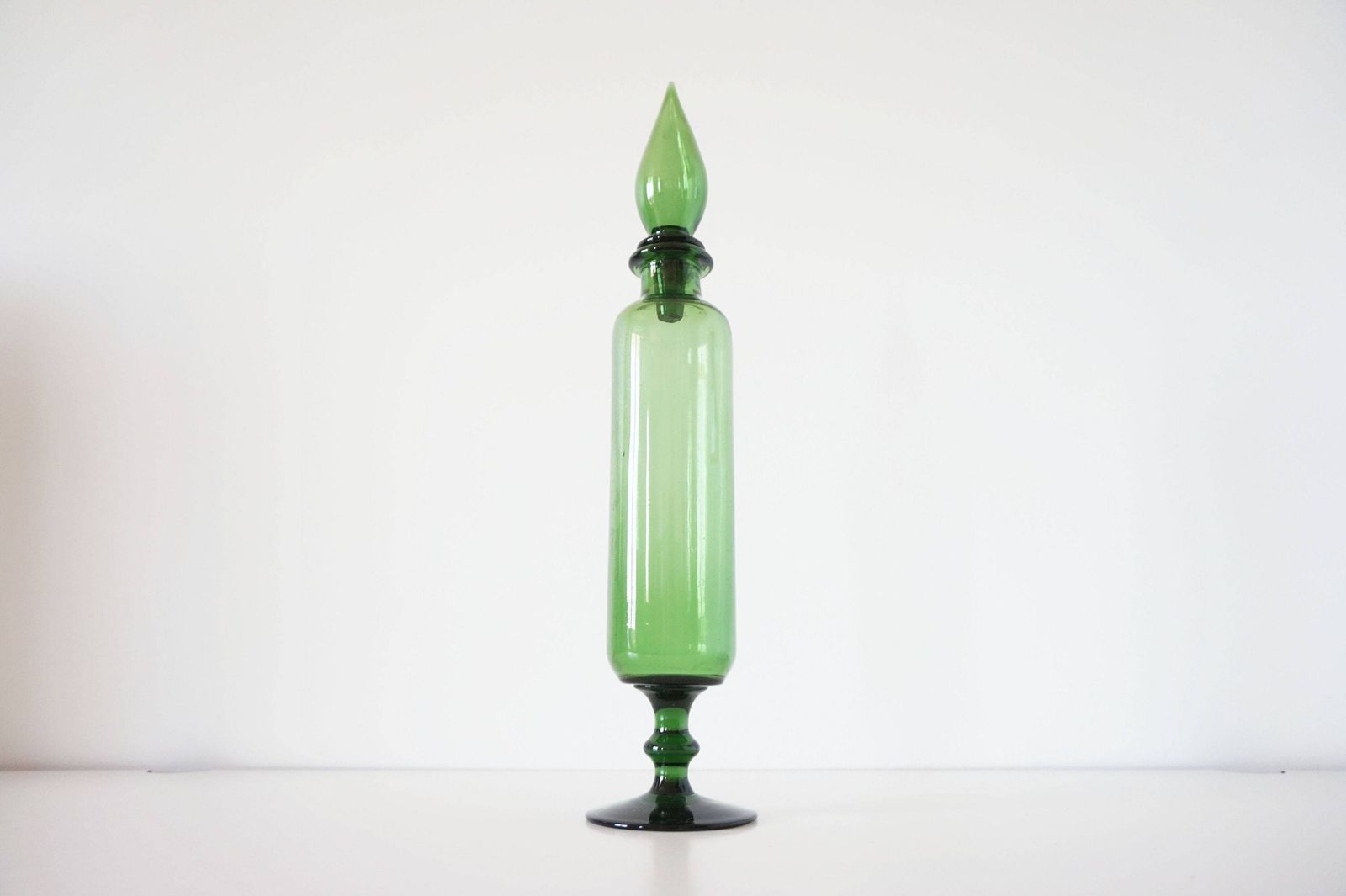 Vintage Italian Glassware, Bottle Or Decanter Made Of Green Blown Glass Empoli