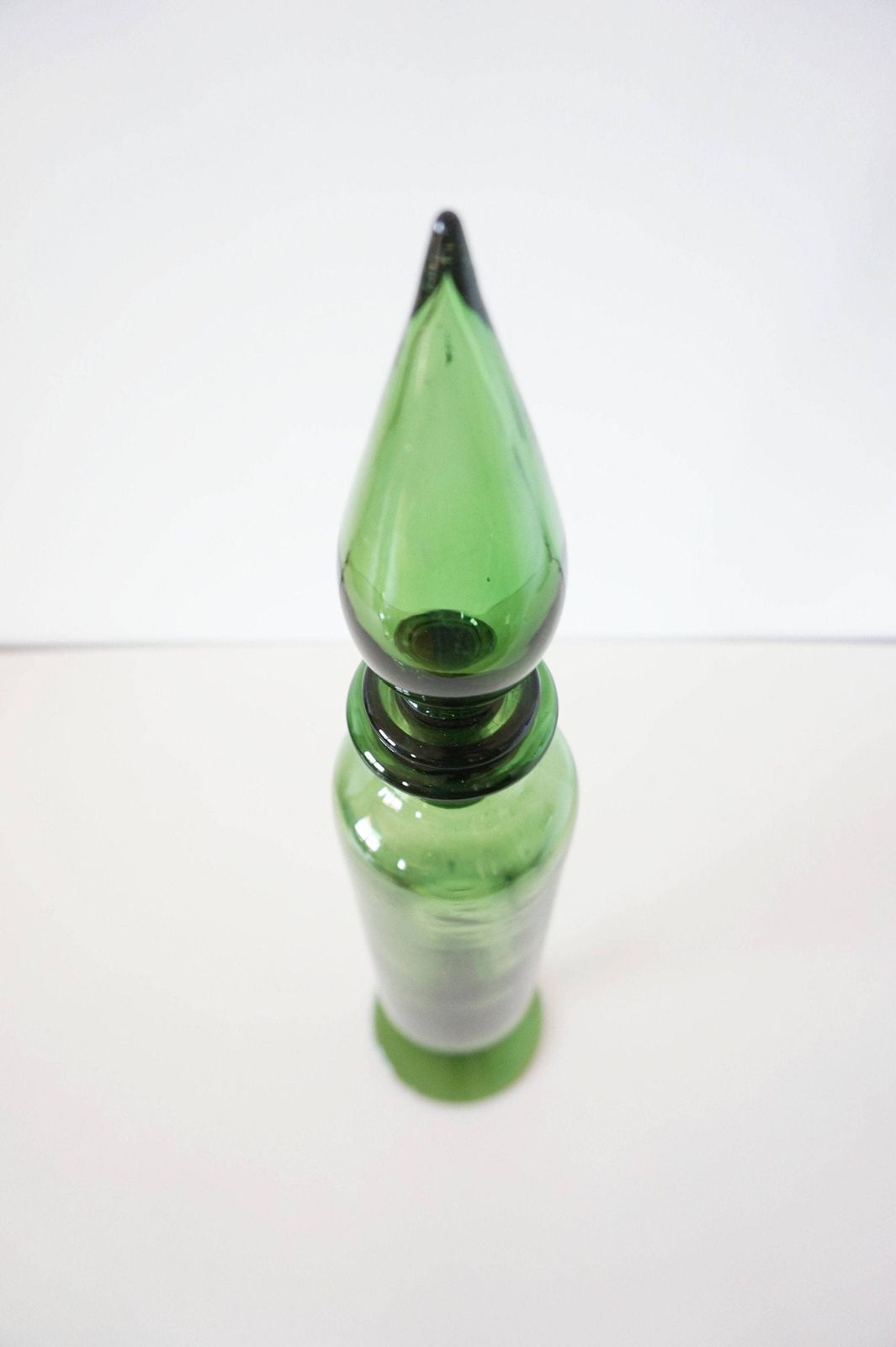 Vintage Italian Glassware, Bottle Or Decanter Made Of Green Blown Glass Empoli photo vinterior