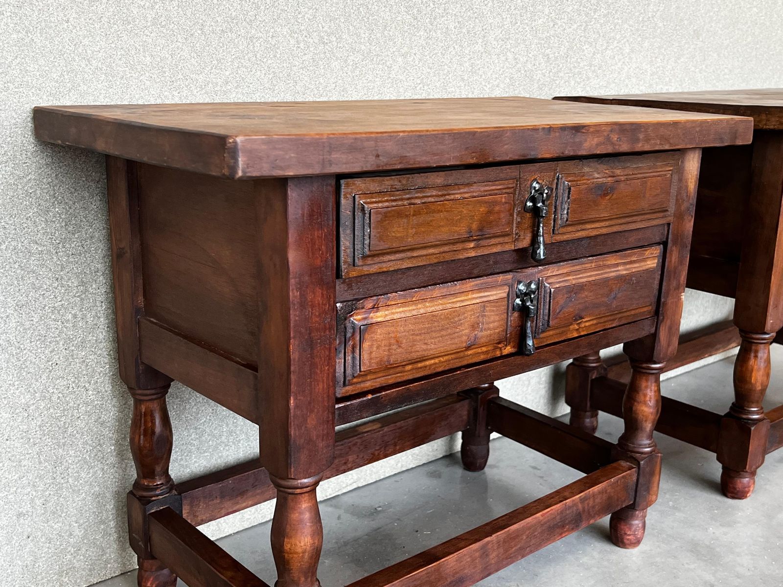 20th Century Pair Of Spanish Nightstands With Two Drawers And Iron Hardware photo vinterior