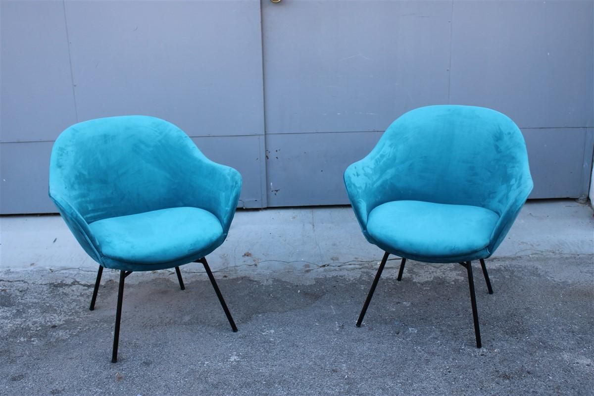 photo for sale Pair Of Blue Velvet Armchairs Mid Century Italian Design Saporiti Augusto Bozzi