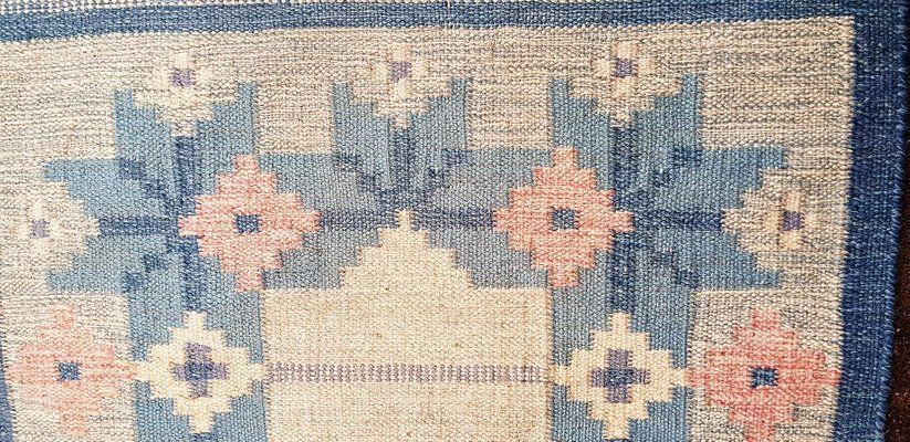 Long Swedish Blue & White Röllakan Rug By Elsa Ekholm, 1950s photo furniture