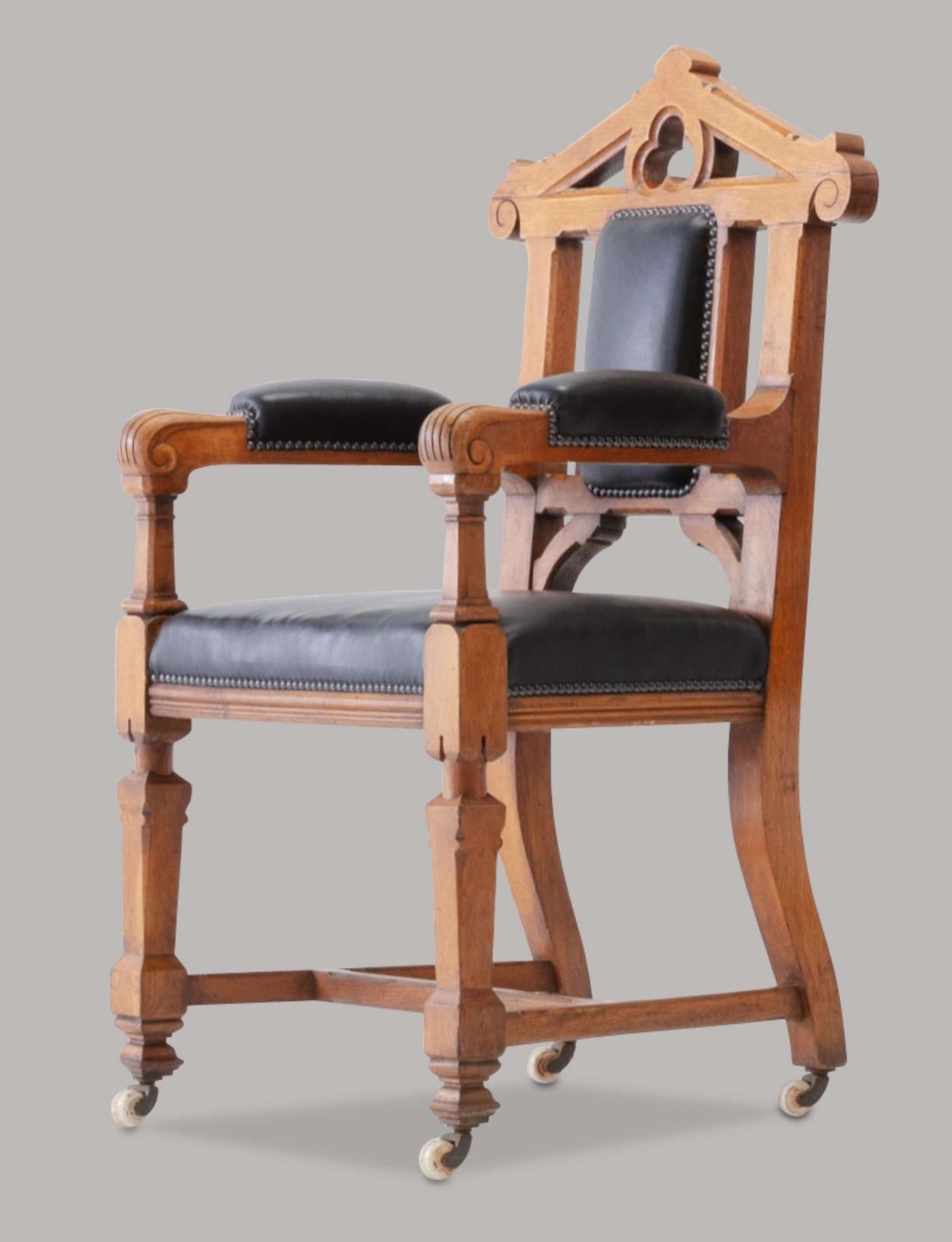 An Unusual C19th Pair Of Golden Oak And Leather Open Armchairs photo for sale