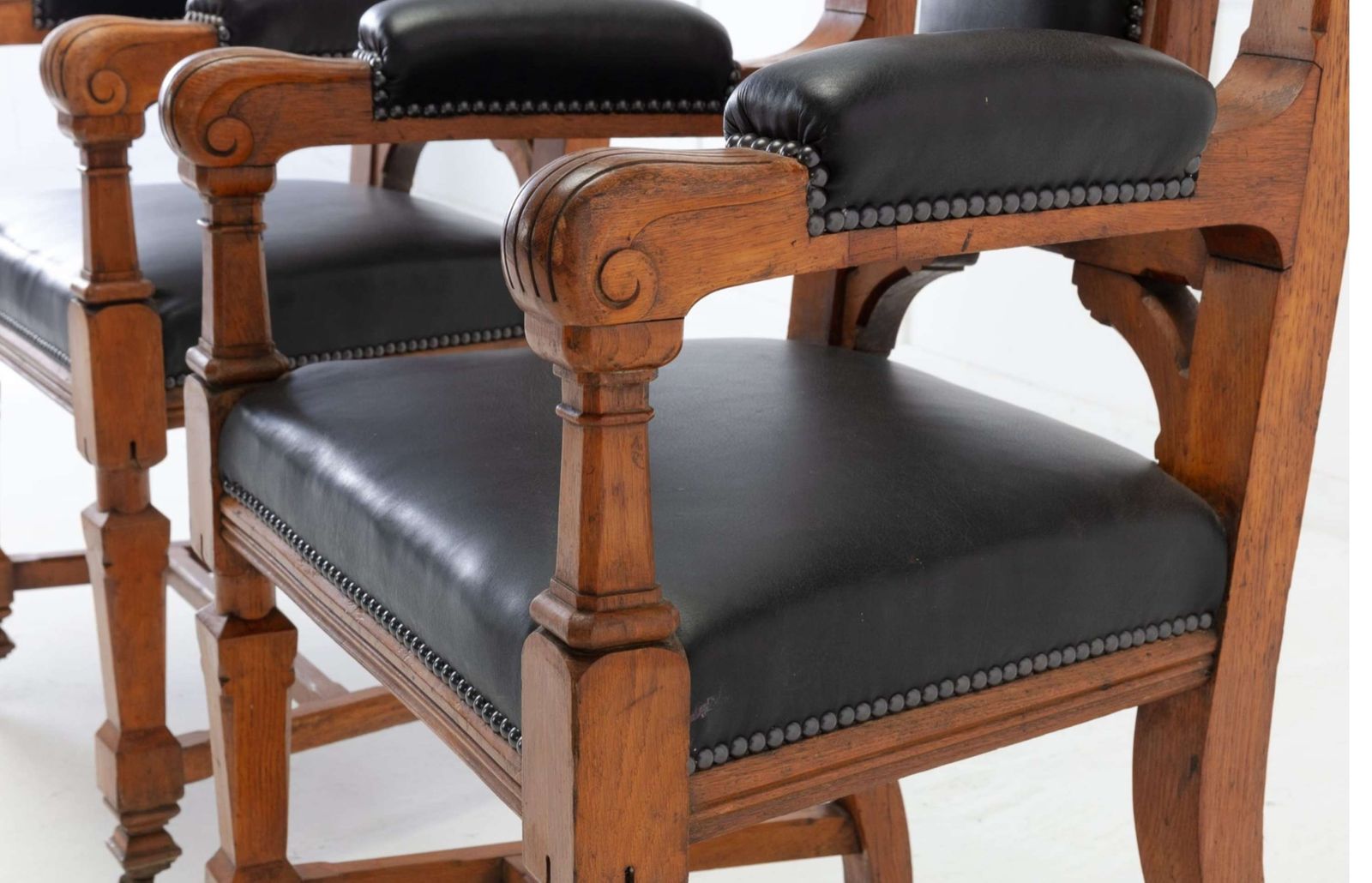 photo for sale An Unusual C19th Pair Of Golden Oak And Leather Open Armchairs