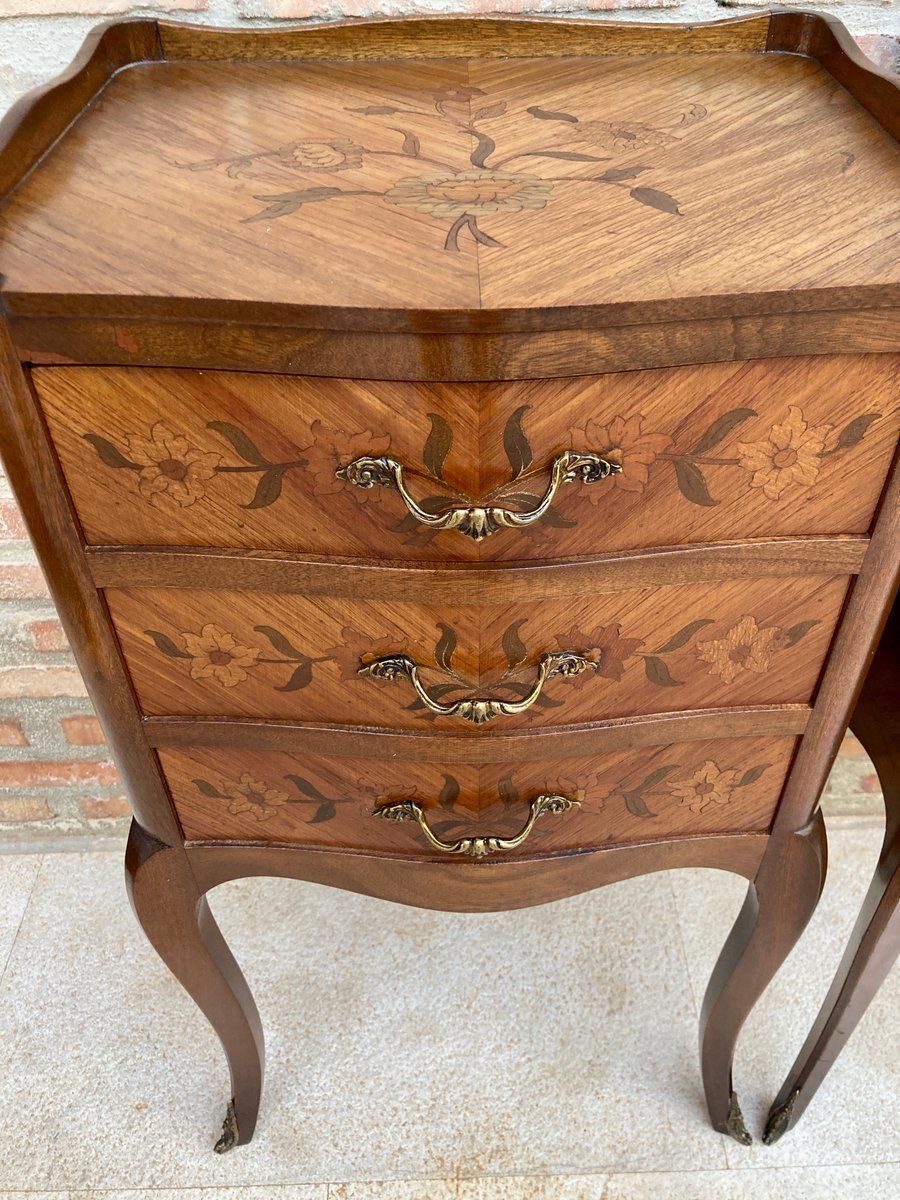 French Nightstands In Walnut With Flowers Marquetry And Bronze, 1940s, Set Of 2 photo vinterior