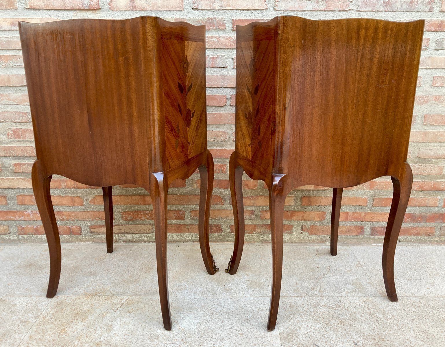 photo for sale French Nightstands In Walnut With Flowers Marquetry And Bronze, 1940s, Set Of 2