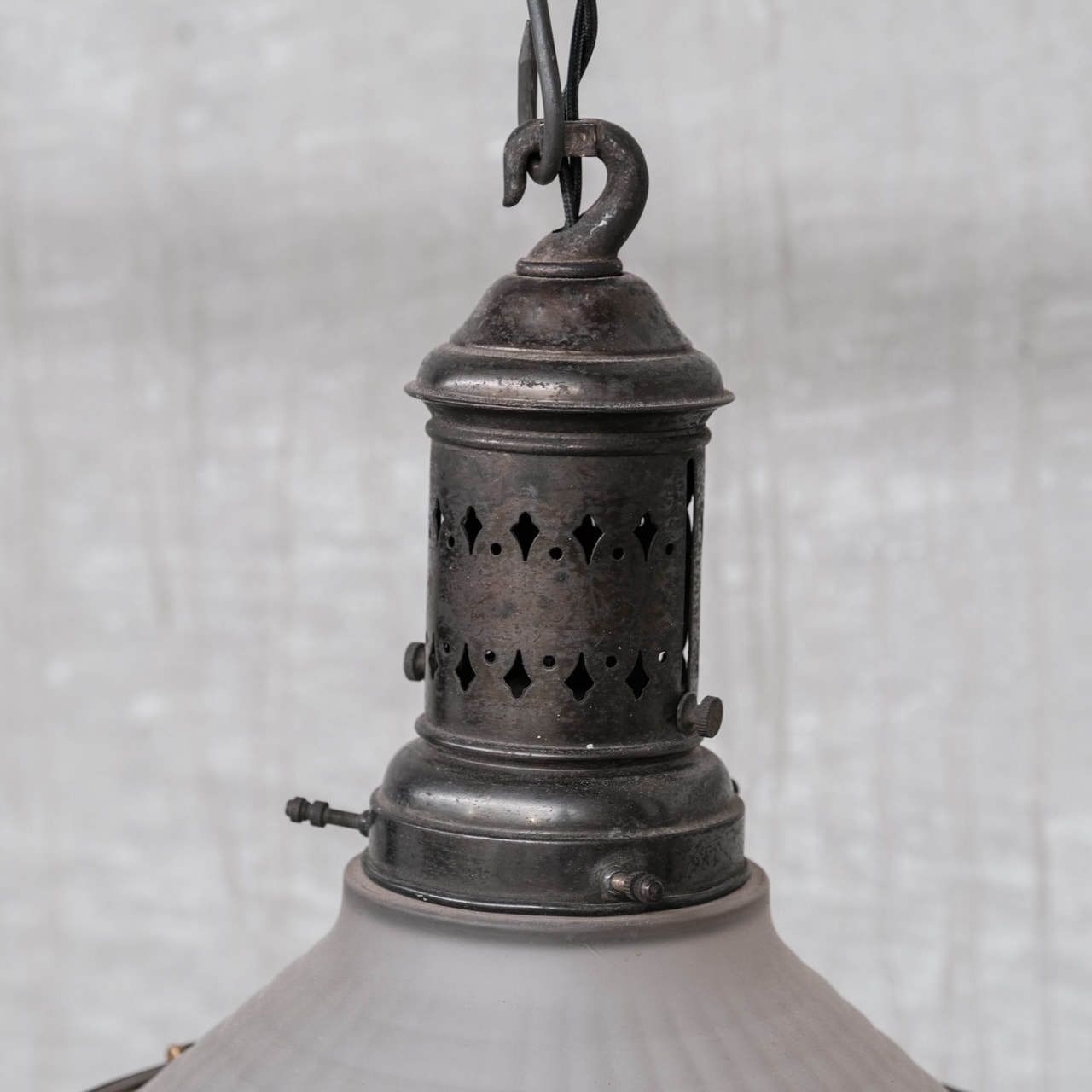 French Conical Glass And Brass Antique Pendant Light photo Lighting