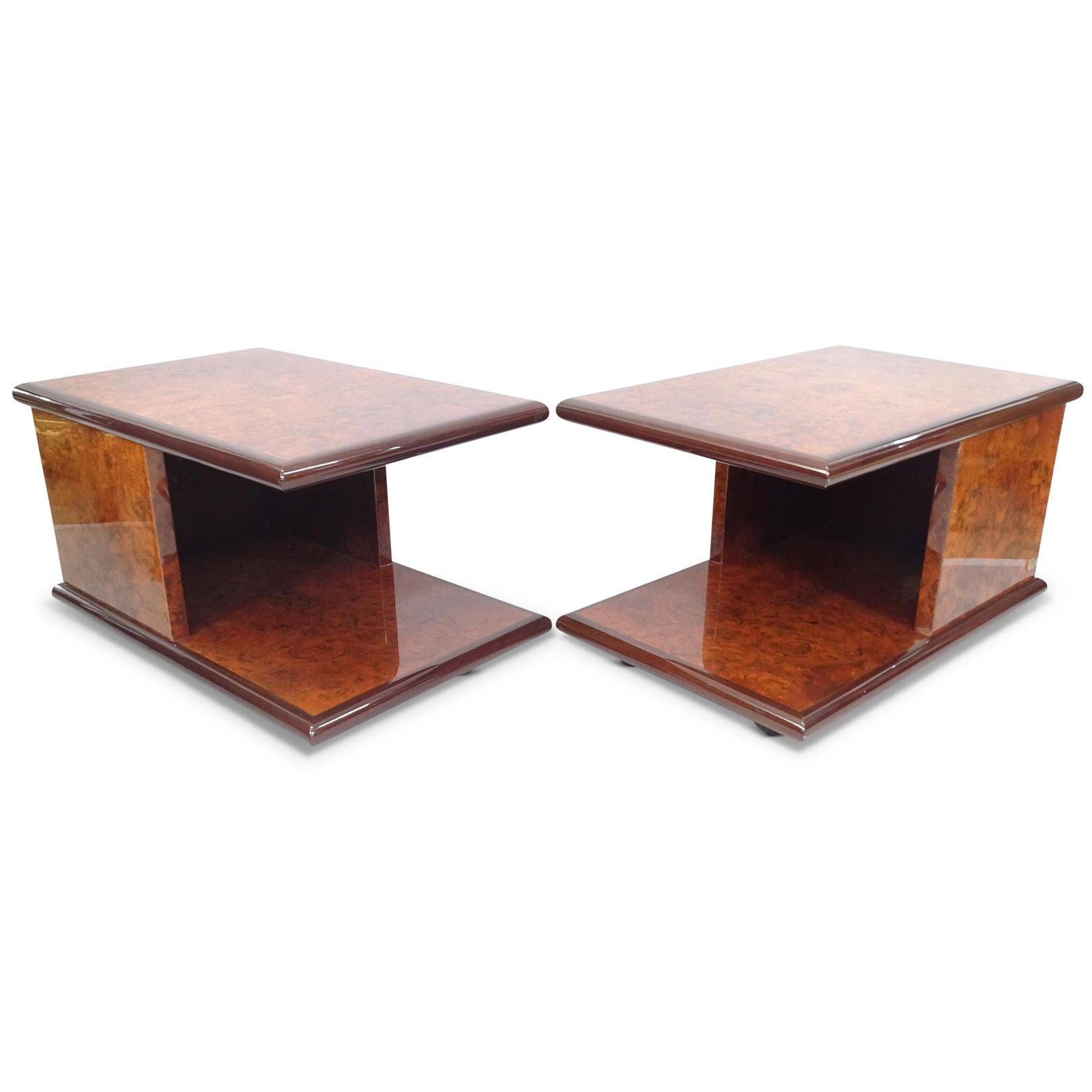 Pair Of Jean Claude Mahey Burr Wood Lacquered Side Tables With Signed Maker's Metal Plaque Made In France 1970s Ol
