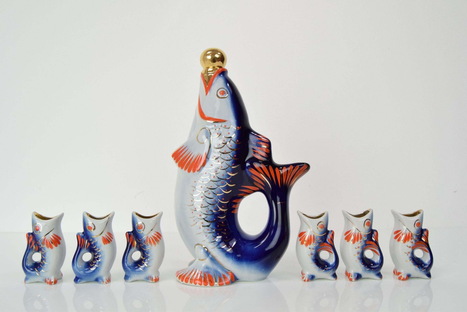 Fish Decanter Soviet Drinking Set Porcelain Fish Carafe Shots Glass,1950's. photo Home Decor