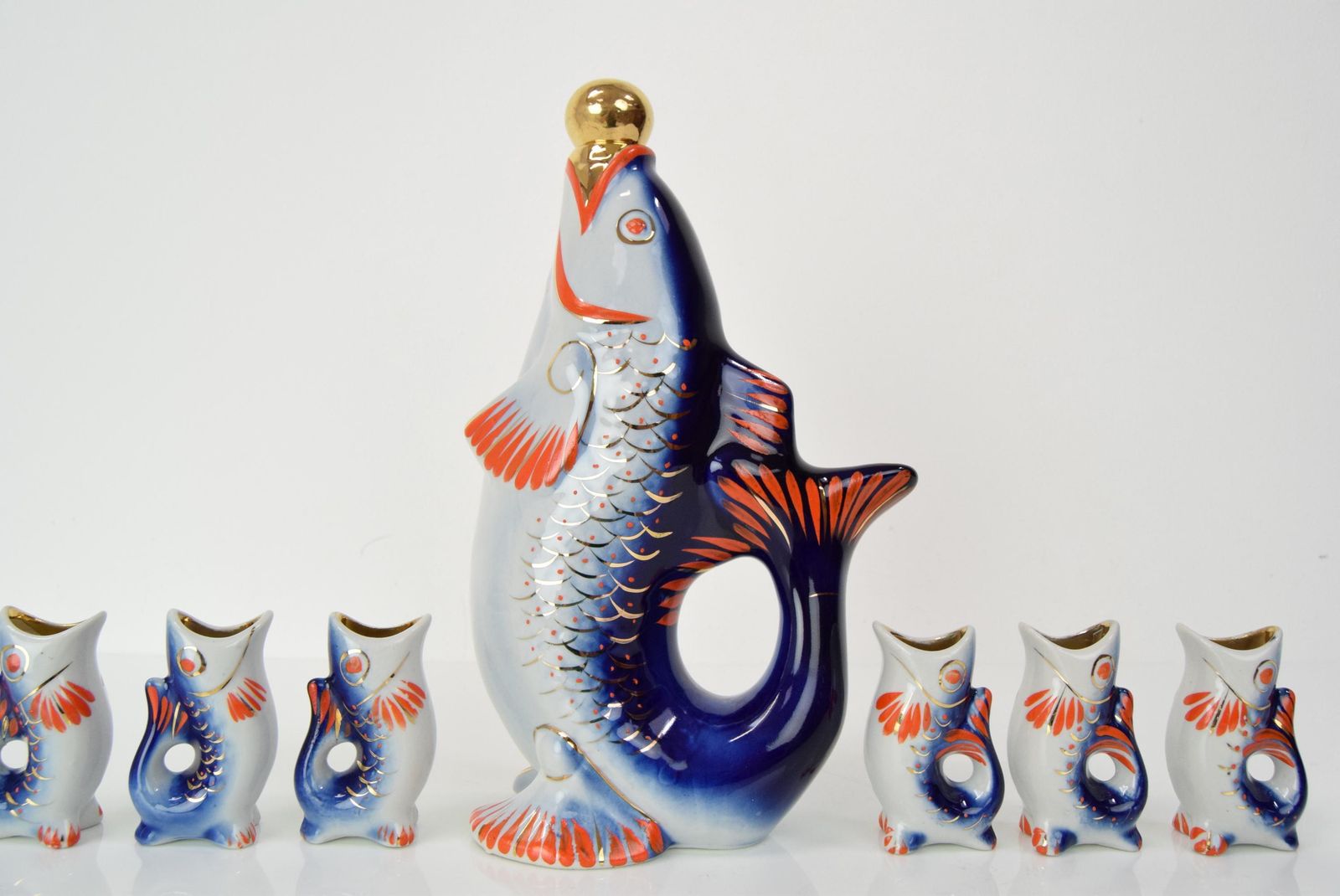 Fish Decanter Soviet Drinking Set Porcelain Fish Carafe Shots Glass,1950's. photo 433.0