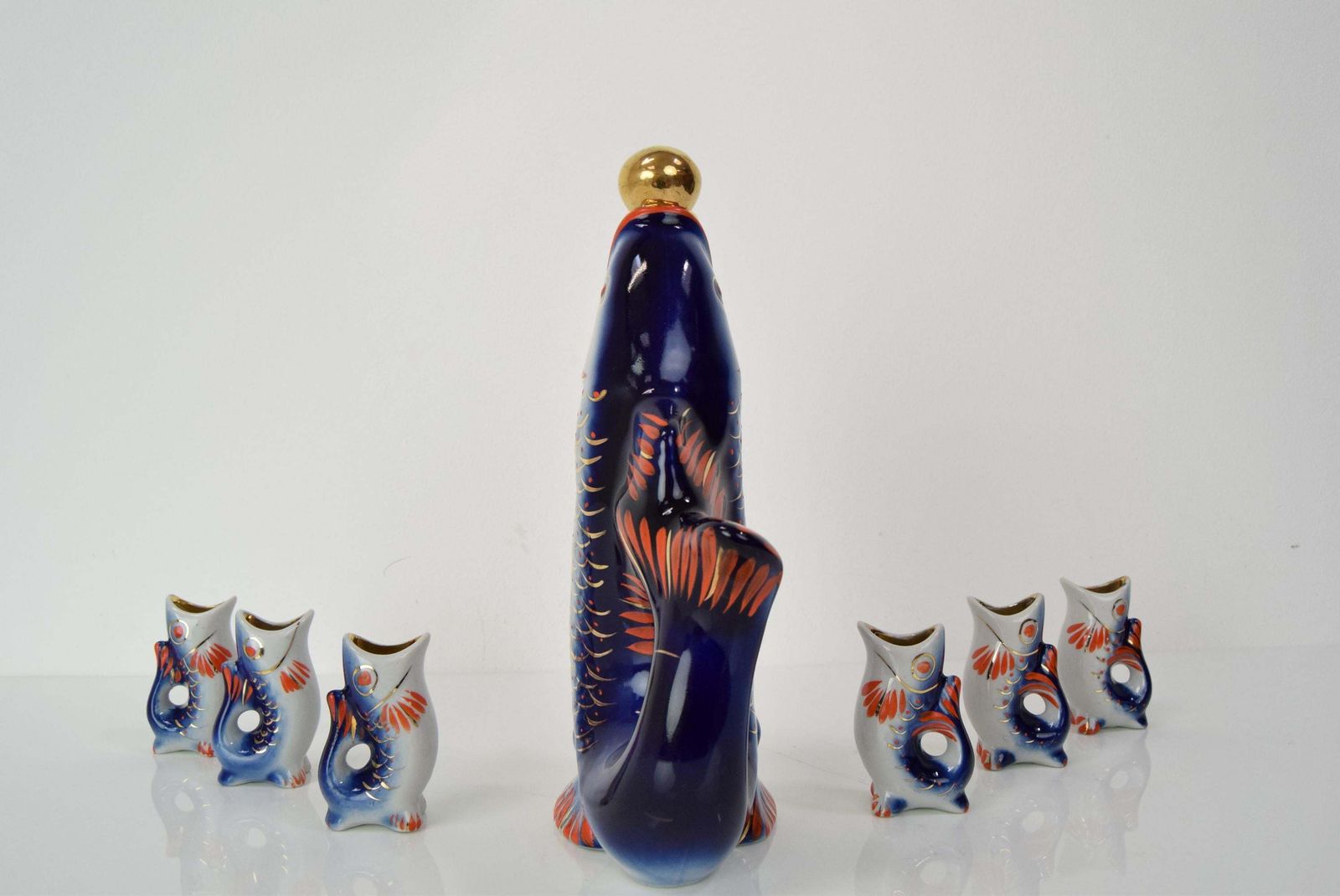Fish Decanter Soviet Drinking Set Porcelain Fish Carafe Shots Glass,1950's. photo vintage