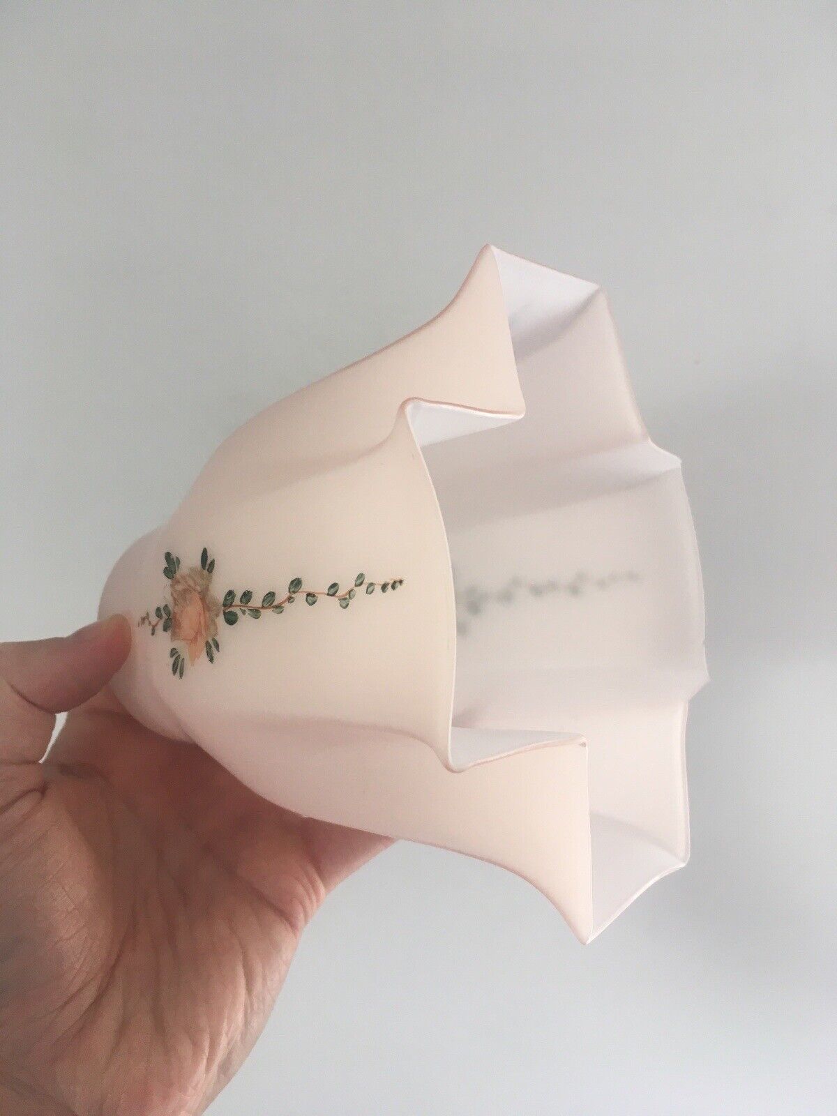 photo for sale Unusual Art Deco Cross Shaped Pink Opaline Painted Rose Glass Lamp Light Shade