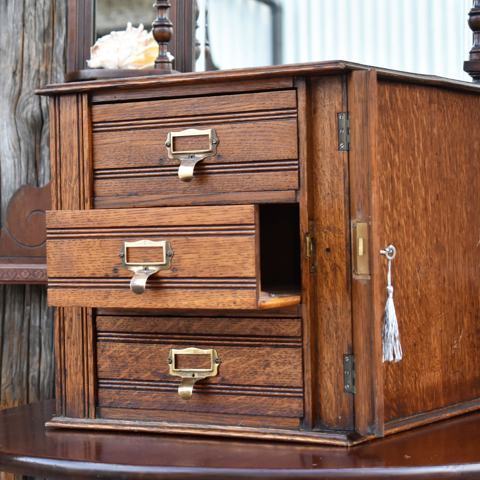 photo for sale Antique Shannon Desk Top Oak Filing Cabinet Collectors Storage Bank Of Drawers
