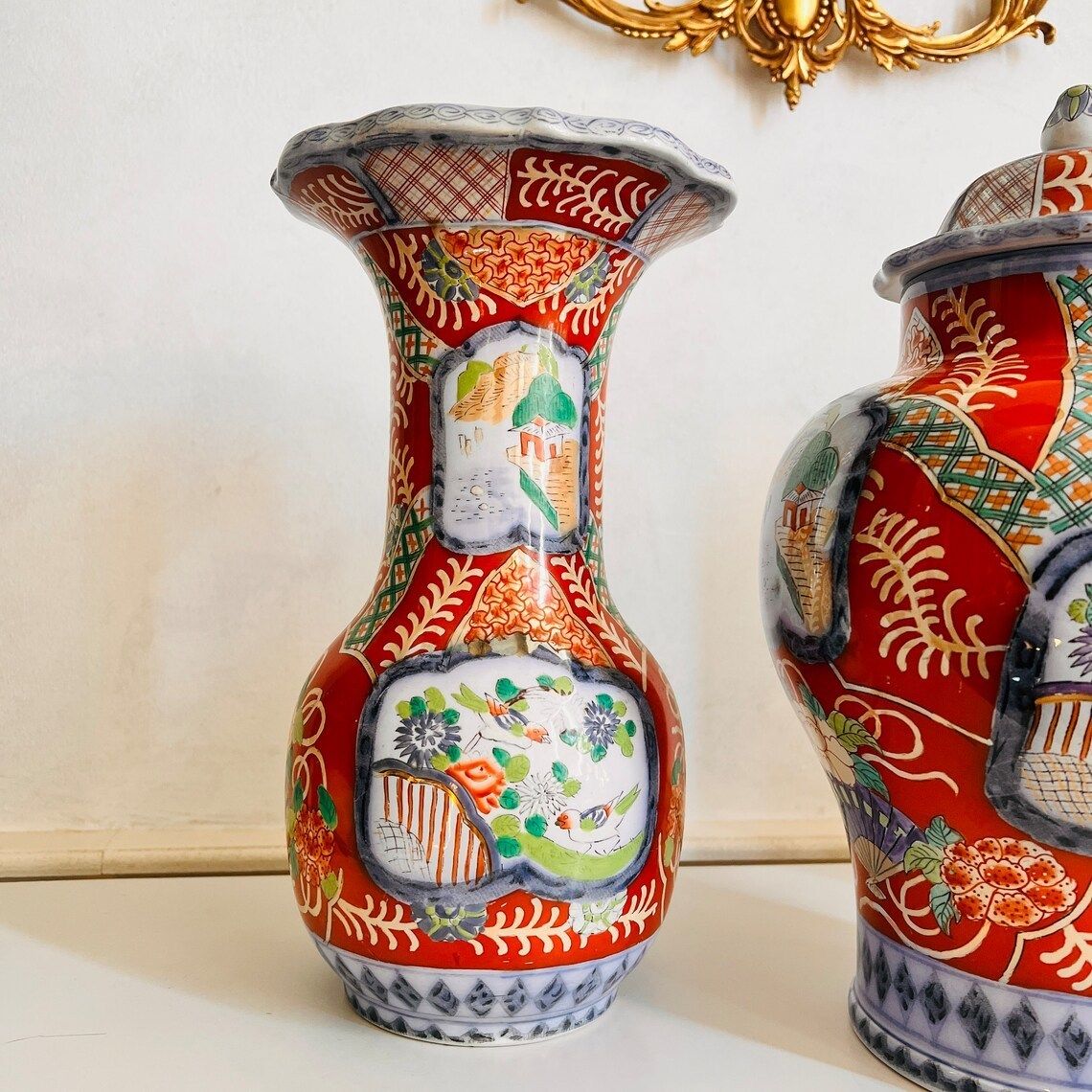 Petrus Regout Maastricht Large Antique Handpainted Three Piece Chinese Imari Style Garniture  Cabinet Vases Set photo furniture