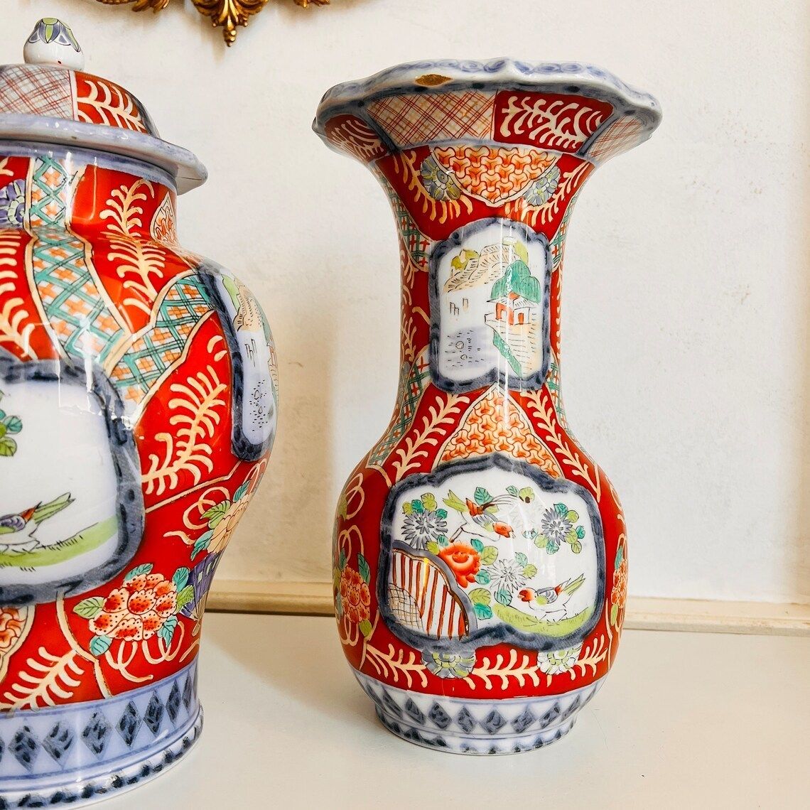 Petrus Regout Maastricht Large Antique Handpainted Three Piece Chinese Imari Style Garniture  Cabinet Vases Set photo for sale