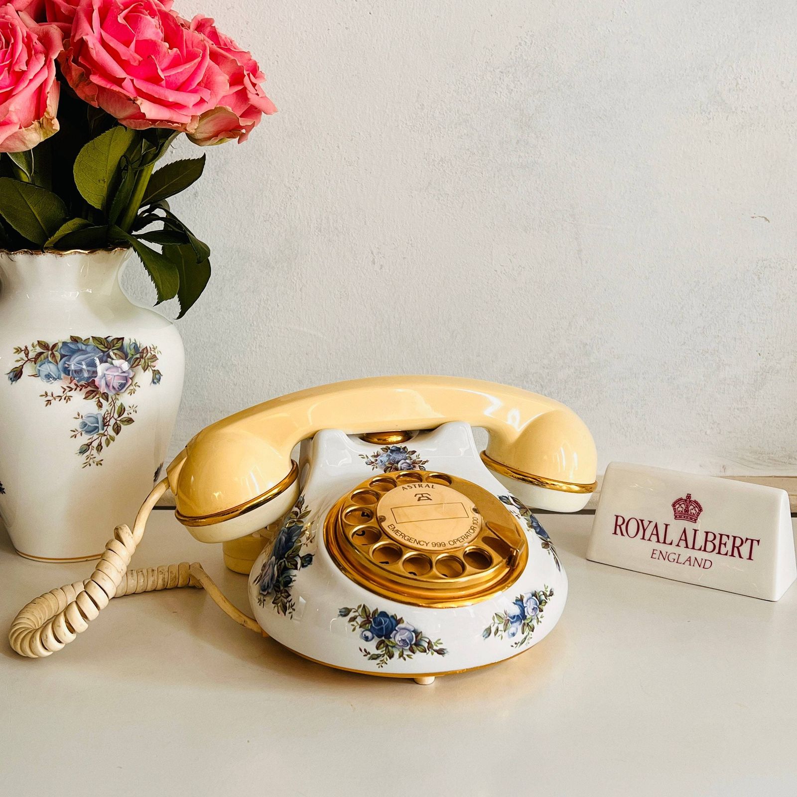 Original Royal Albert Moonlight Rose, Porcelain Telephone, Made In England By Astral Ltd, Rotary Telephone.