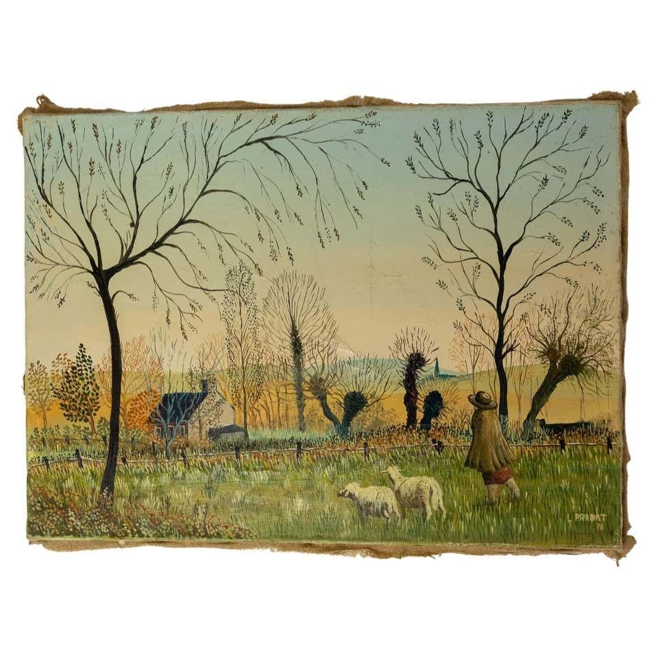 Oil Painting "Maison Dans Les Arbres" Oil On Canvas Signed Laurent Pradat 1976