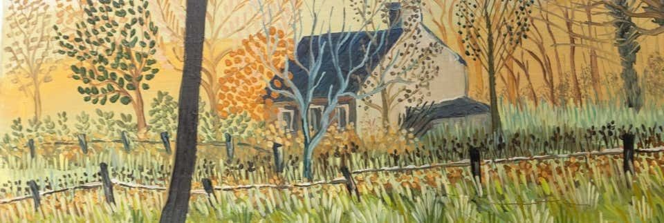 Peinture à l'huile « Maison Dans Les Arbres » huile sur toile signée Laurent Pradat 1976 photo 345.0
