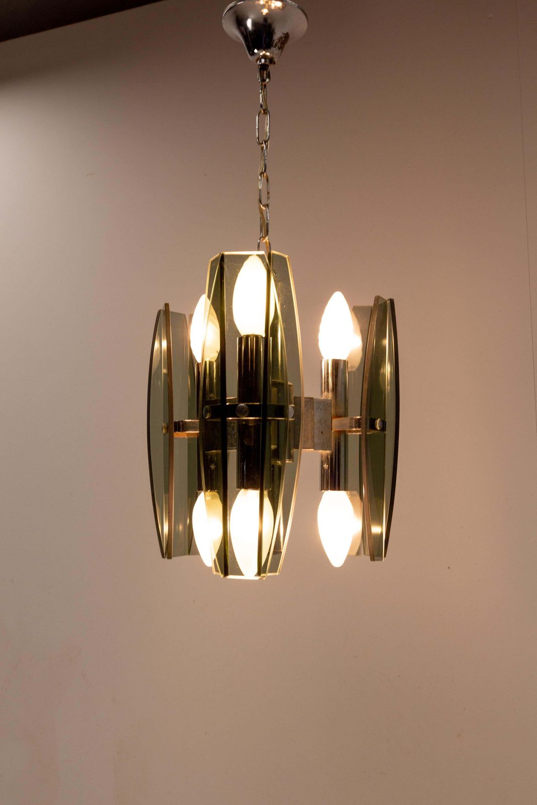 French Chandelier Ceiling Pendant Lustre Glass And Metel C. 1970 photo vinterior