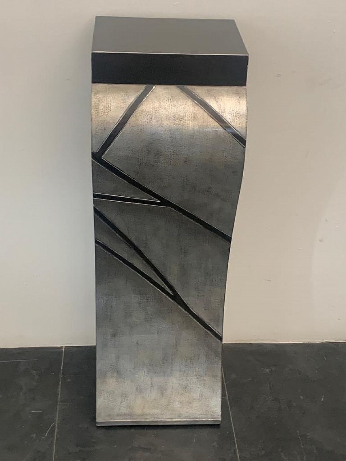 Patinated Silver Leaf Pedestal With Black Lacquered Engraved Lines, 1960s photo furniture