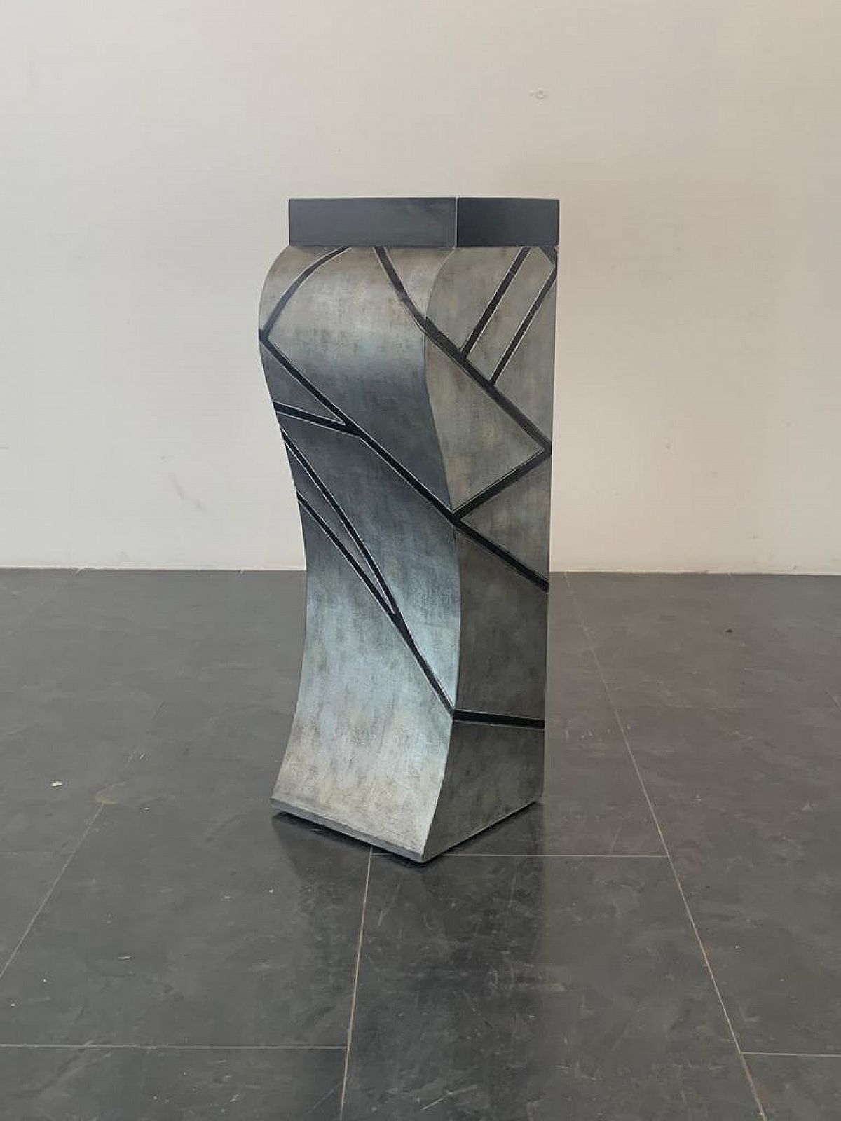 photo for sale Patinated Silver Leaf Pedestal With Black Lacquered Engraved Lines, 1960s