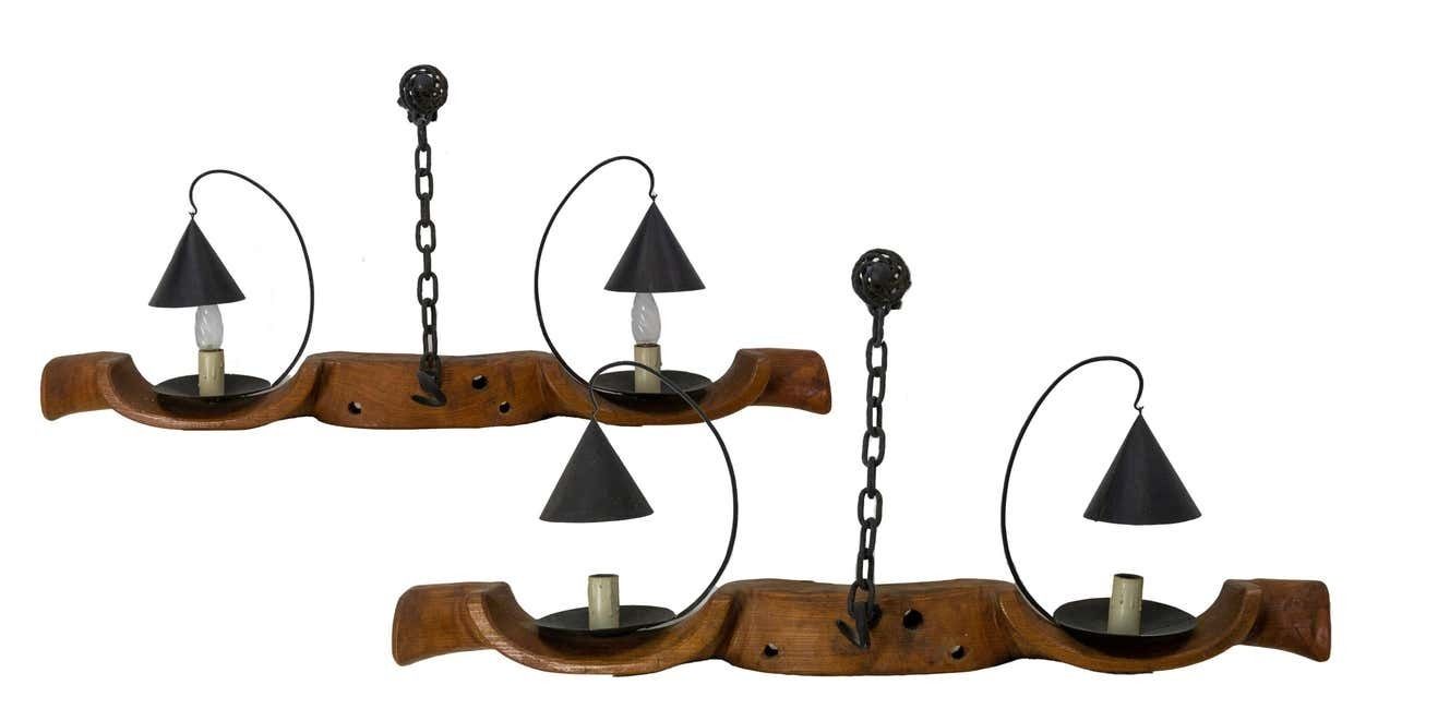 French Pair Of Sconces Yoke Elm And Iron Double Lamps Mid Century photo furniture