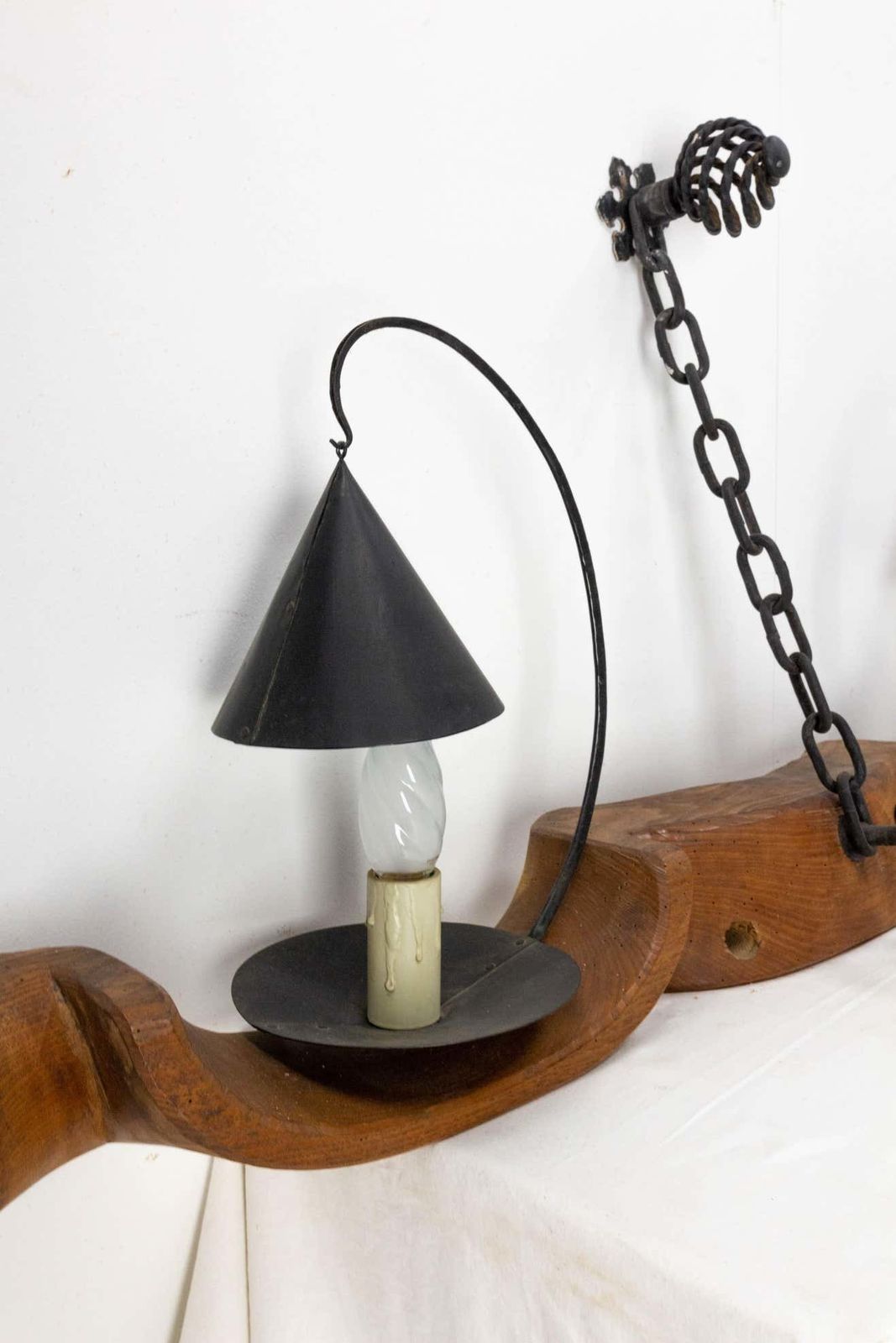 French Pair Of Sconces Yoke Elm And Iron Double Lamps Mid Century photo buy
