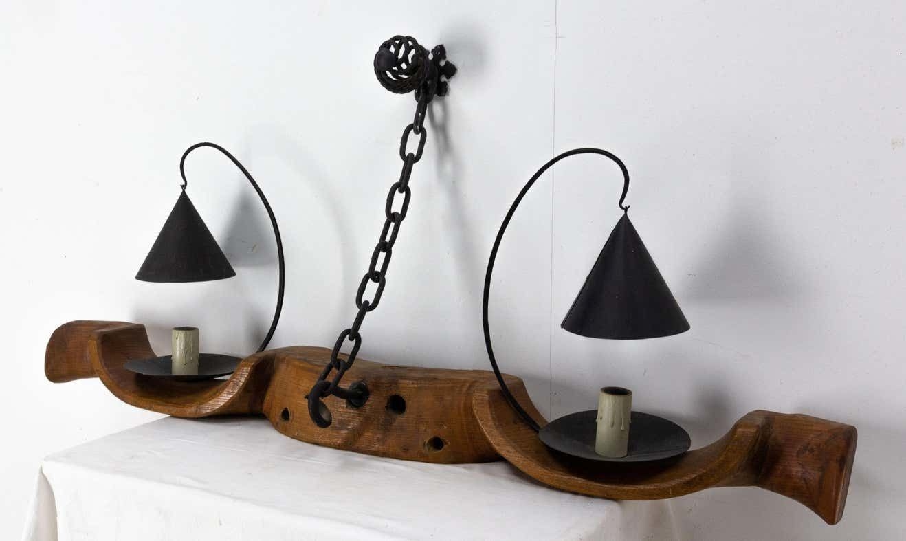 1822.4 French Pair Of Sconces Yoke Elm And Iron Double Lamps Mid Century photo