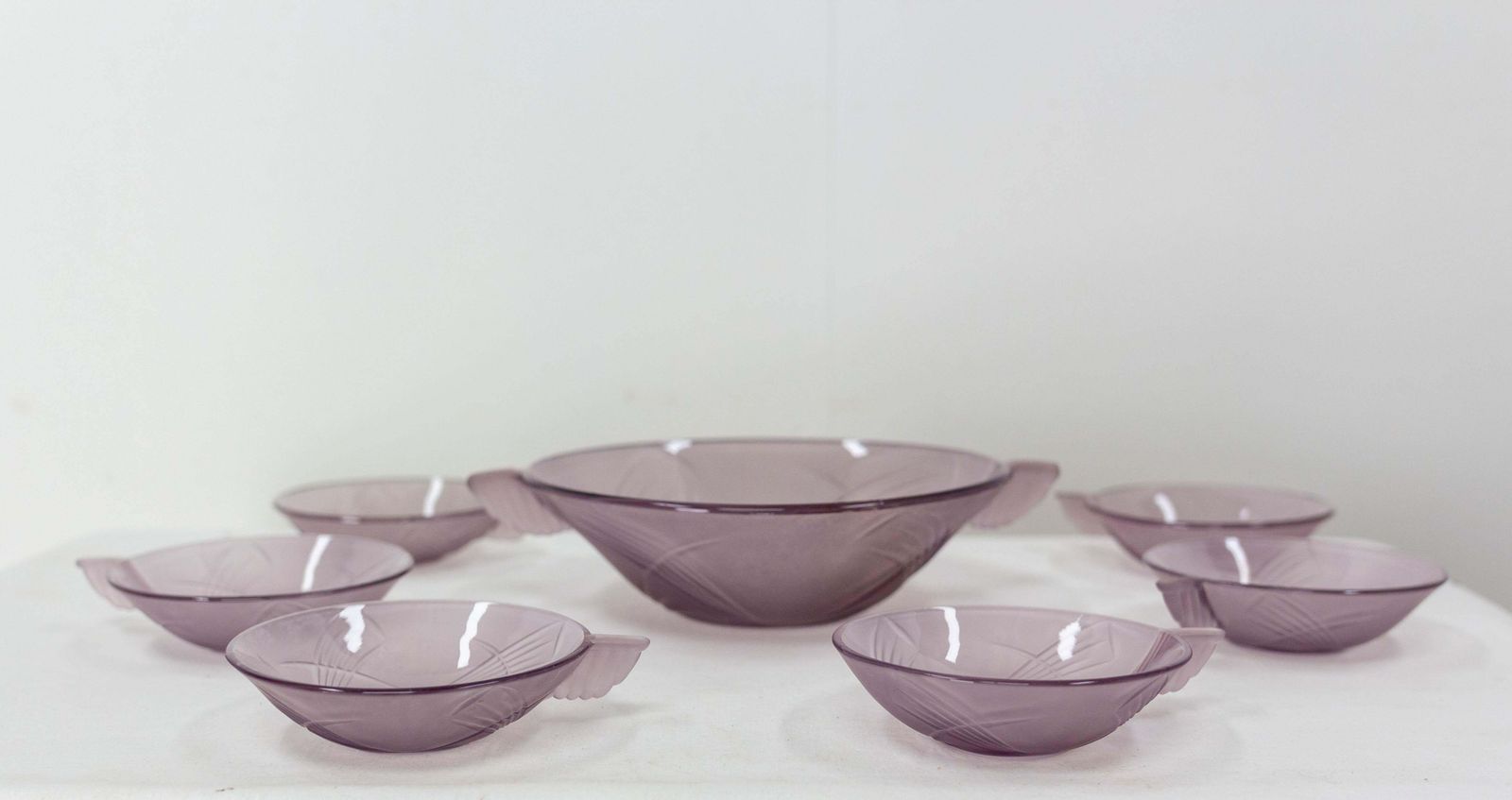 Art Deco French Purple Glass Fruit Service With One Dish And Six Bowls C. 1930 photo furniture