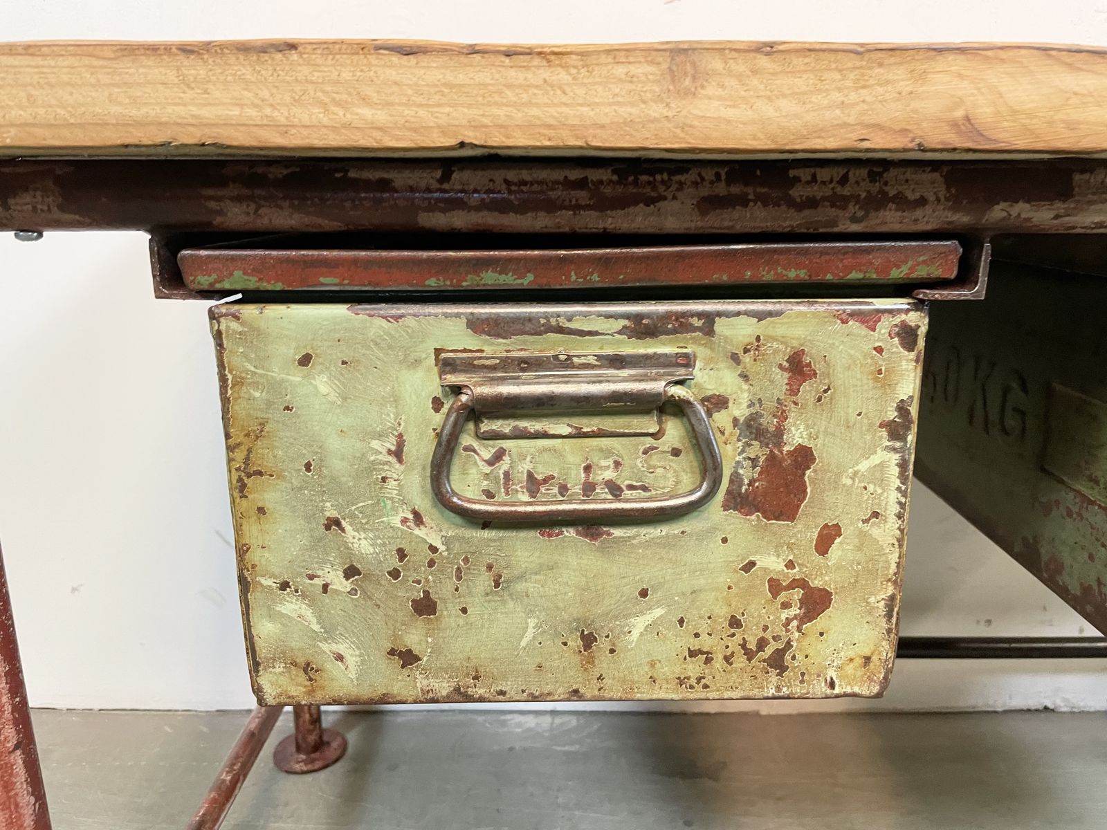 Red Industrial Worktable With Two Green Iron Drawers, 1960s photo 599.0