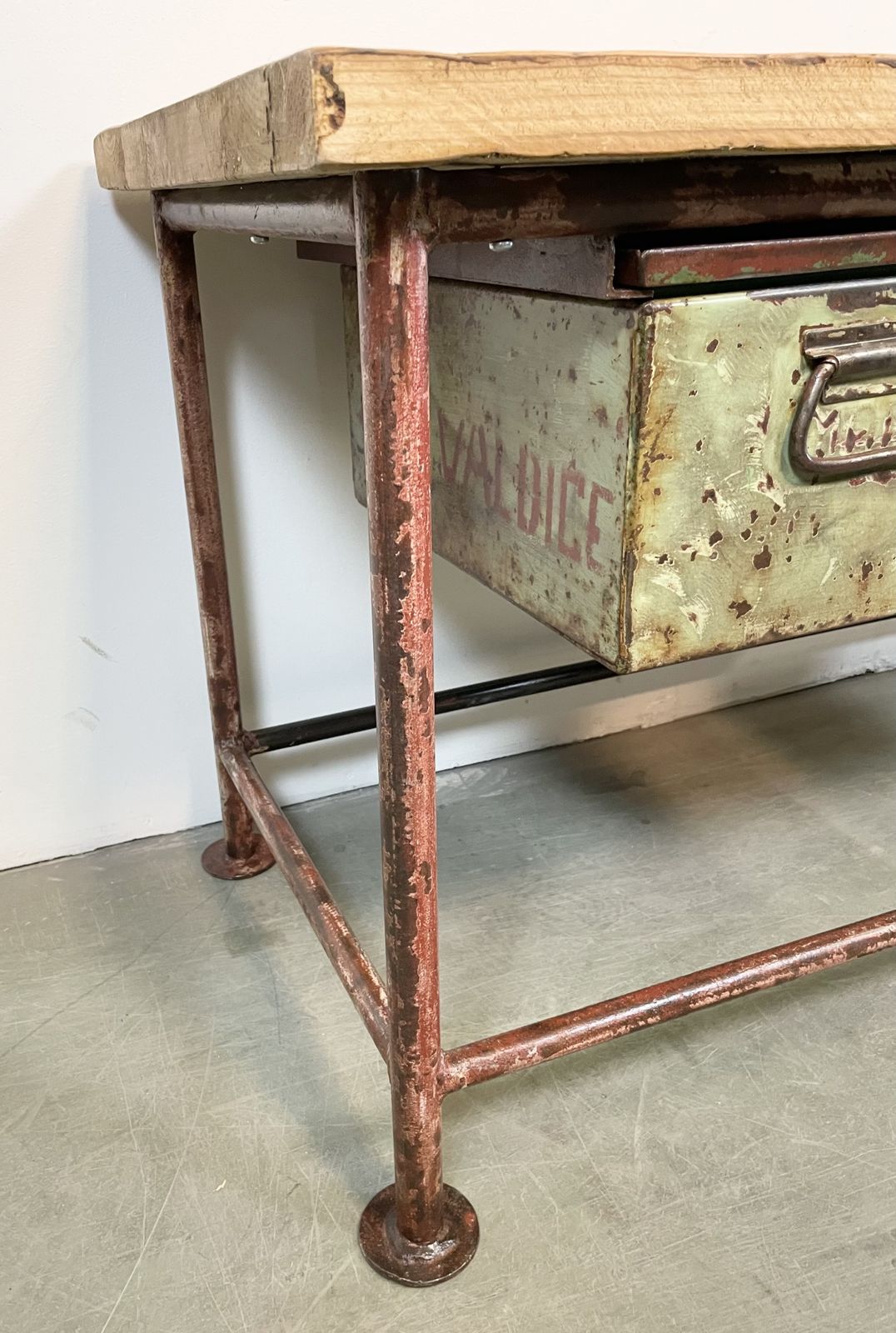 Red Industrial Worktable With Two Green Iron Drawers, 1960s photo buy