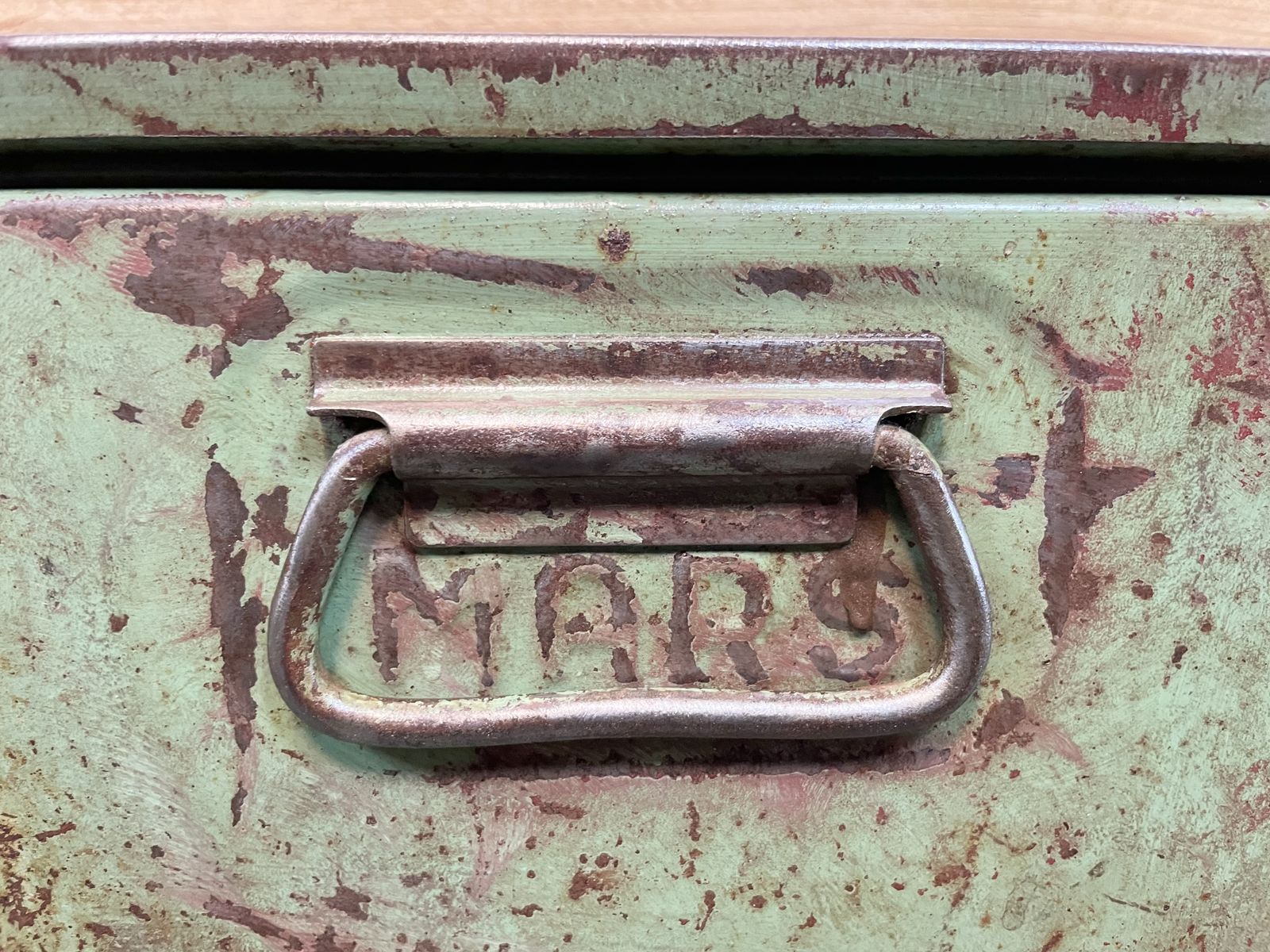 Furniture Red Industrial Worktable With Two Green Iron Drawers, 1960s photo