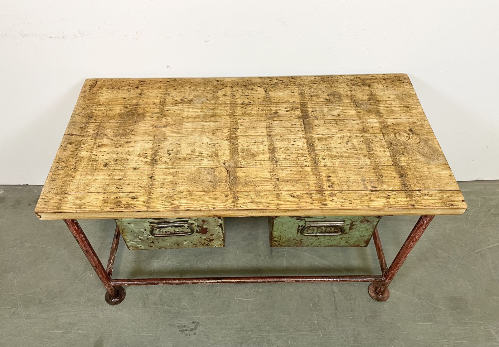 photo buy Red Industrial Worktable With Two Green Iron Drawers, 1960s