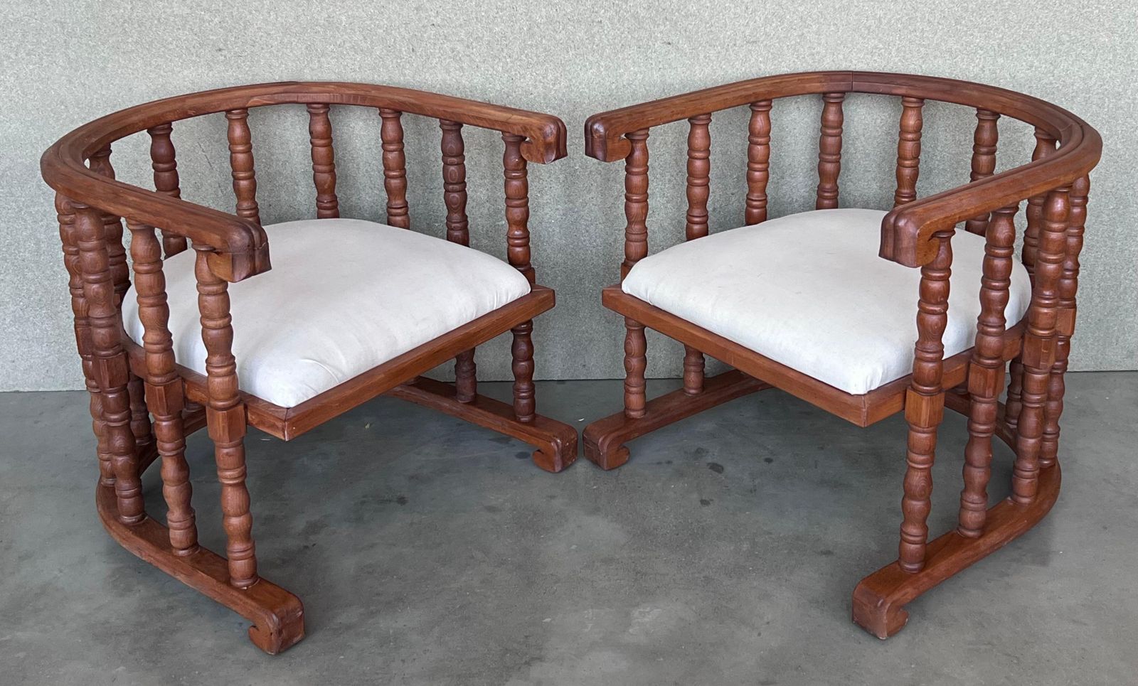 Pair Of Spanish Slatted Barrel Back Hand Carved Chairs photo buy