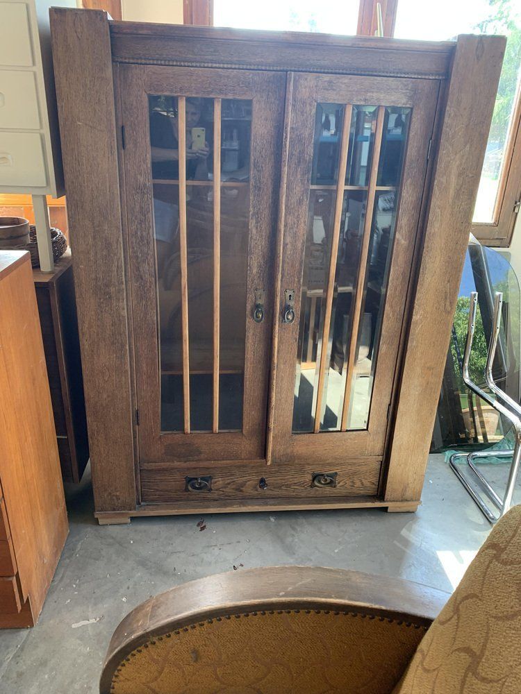 Antique Hungarian Oak Glass And Wood Cabinet photo vinterior