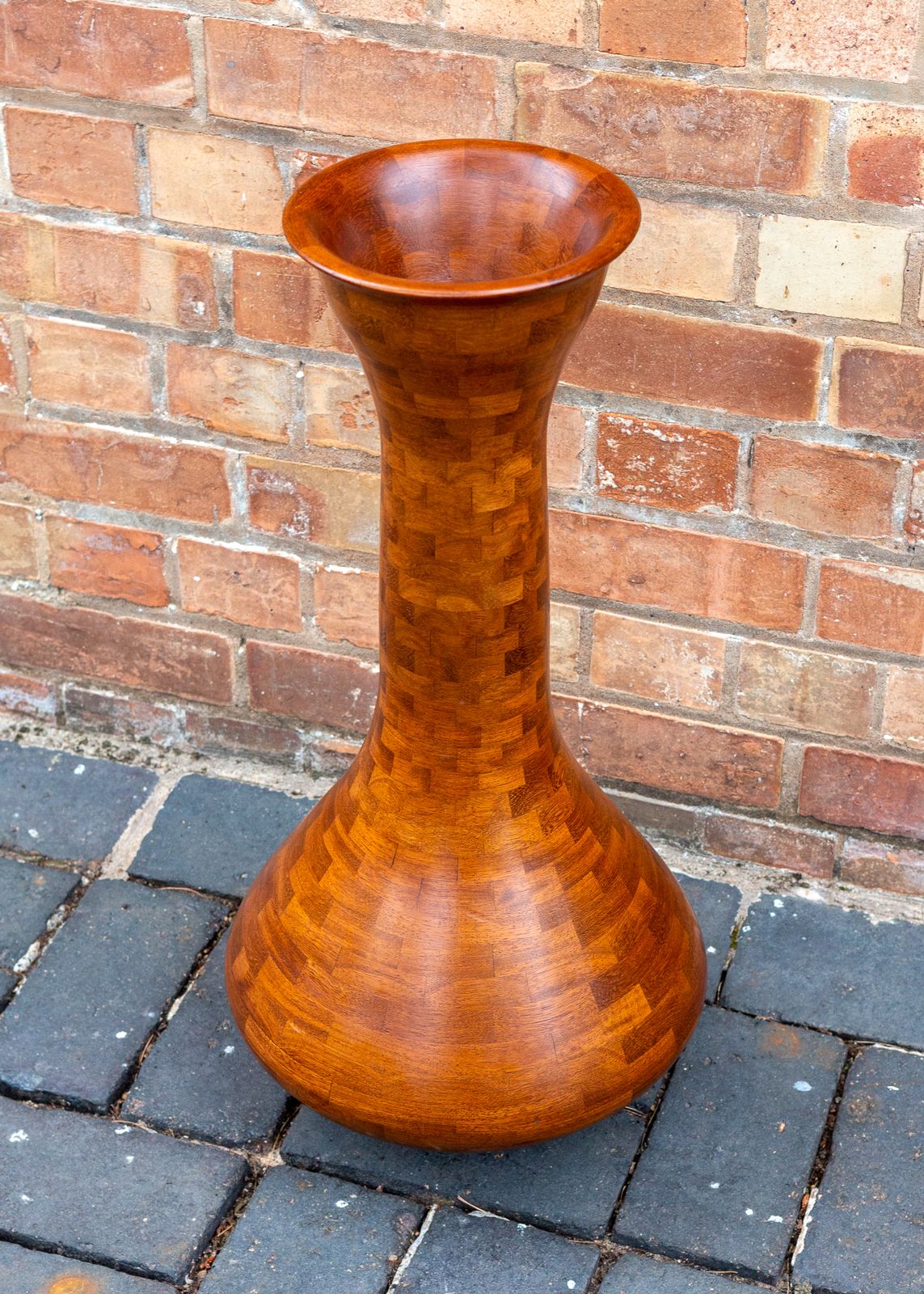 Segmented Wooden Floor Vase Richard Haining Style Stacked Sculptural Organic Artistic Large Floor Teak Statement Mcm Trumpet photo furniture
