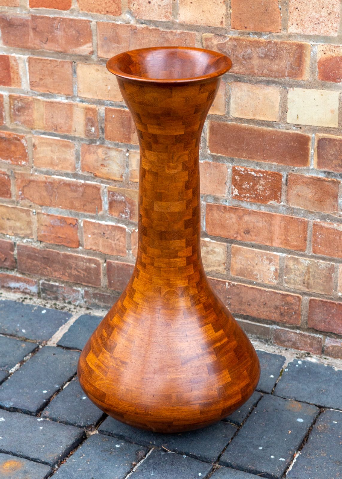Segmented Wooden Floor Vase Richard Haining Style Stacked Sculptural Organic Artistic Large Floor Teak Statement Mcm Trumpet photo for sale